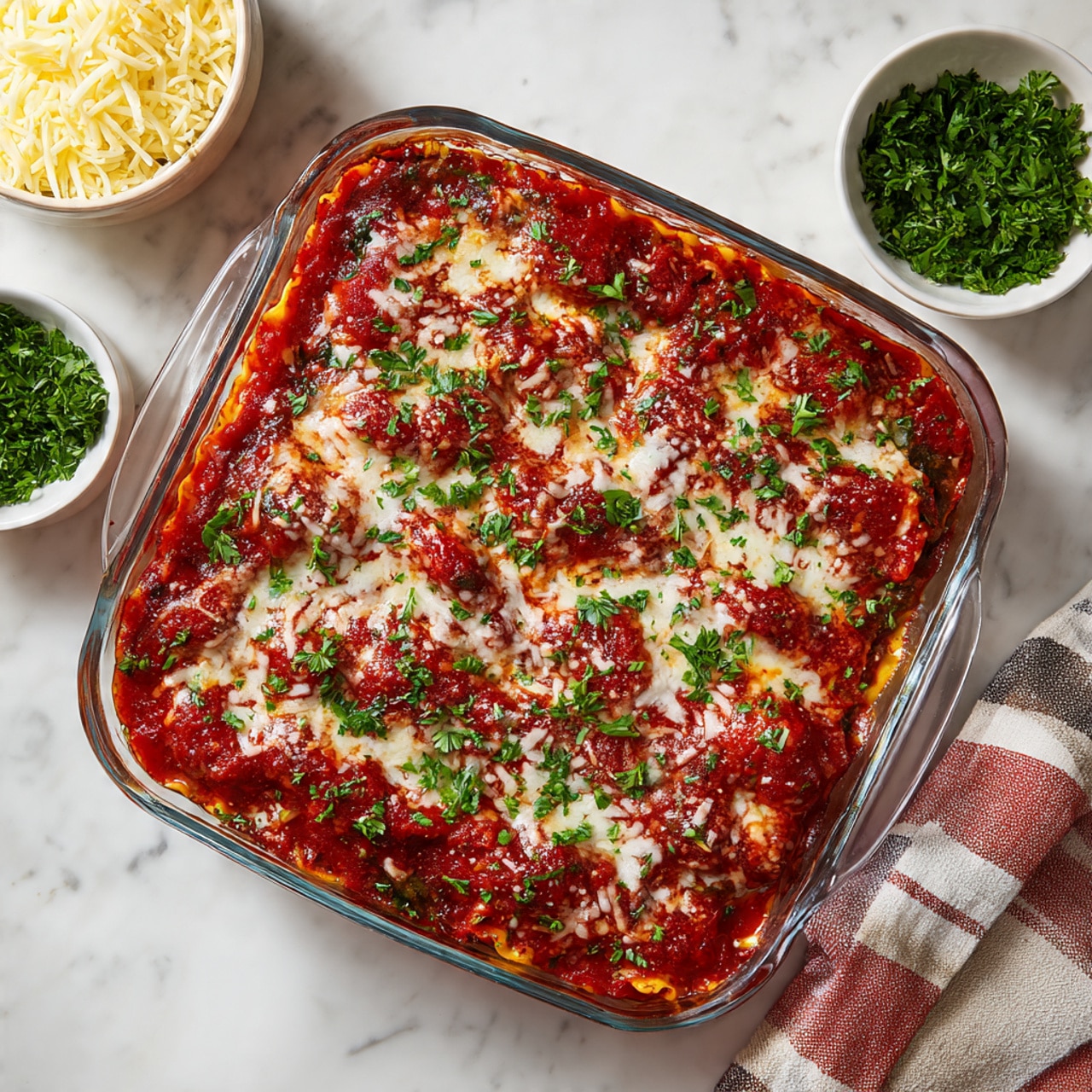 A clear glass baking dish filled with a baked lasagna, showing about three layers: a reddish tomato sauce mixed with bits of dark green spinach or herbs, a layer of bright orange pasta sheets beneath, and a thick top layer of melted white cheese sprinkled evenly with chopped green parsley. The edges show slightly browned cheese and sauce bubbling up. The dish is placed on a white marbled surface, with small white bowls nearby, one holding shredded cheese and another with chopped herbs. A striped cloth is partly visible on the right side. Photo taken with an iphone --ar 4:5 --v 7