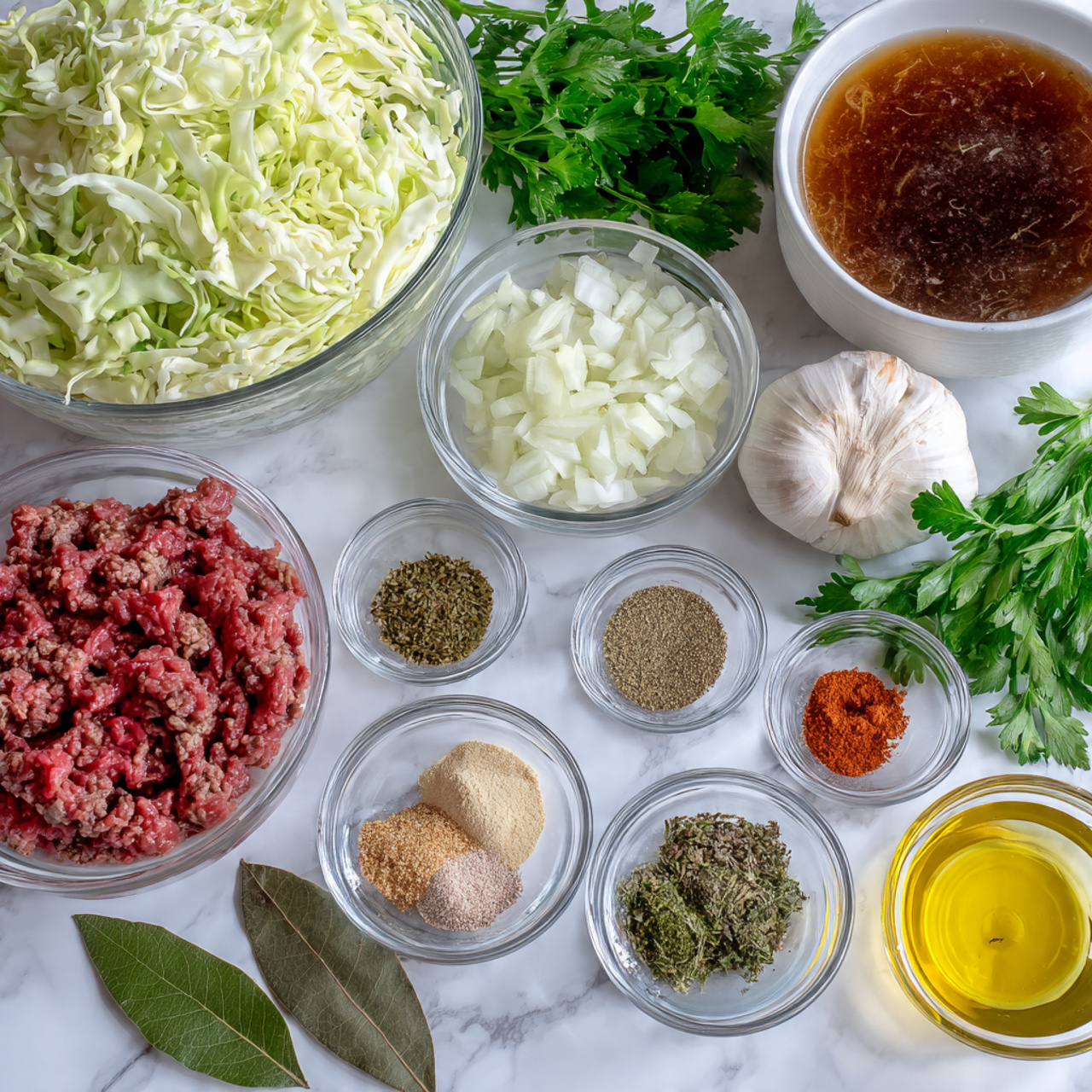 The image shows multiple clear glass bowls arranged on a white marbled surface, each containing different ingredients. Starting from the top left, there is a large bowl filled with light green and white shredded cabbage, next to it on the right is a white bowl filled with rich brown beef broth. Below the cabbage are fresh green parsley leaves and a dark green bay leaf placed on the surface. A small bowl of finely chopped white onion sits below the parsley. To the right of the onion and bay leaf, there are several small clear glass bowls with various dry spices including beige garlic powder, light brown onion powder, black ground pepper, greenish thyme, white salt, finely chopped oregano, and deep red paprika. Two small garlic cloves in a clear bowl and a small amount of pale yellow oil in another small bowl are nearby. At the bottom left is a bowl of deep red chopped tomatoes with visible chunks, and next to it on the right is a bowl with raw ground beef showing a mix of dark and light red strands piled inside. photo taken with an iphone --ar 4:5 --v 7