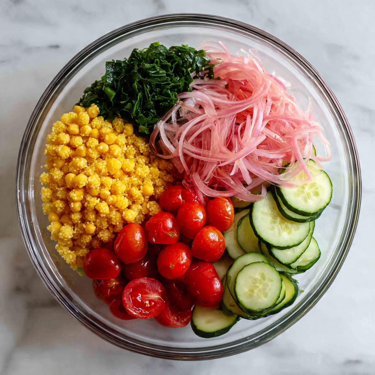A clear glass bowl sits on a white marbled surface filled with five distinct layers arranged in neat sections. On the left, a yellow grain layer with small chickpeas creates a textured base. Next to it, bright green leafy herbs are piled loosely, followed by thin pale pink strips of onion in the middle. To the right, a cluster of halved red cherry tomatoes adds a shiny, smooth contrast. At the bottom, overlapping slices of dark green cucumbers with pale interiors form the last layer, balancing the fresh look of the dish. Photo taken with an iphone --ar 4:5 --v 7