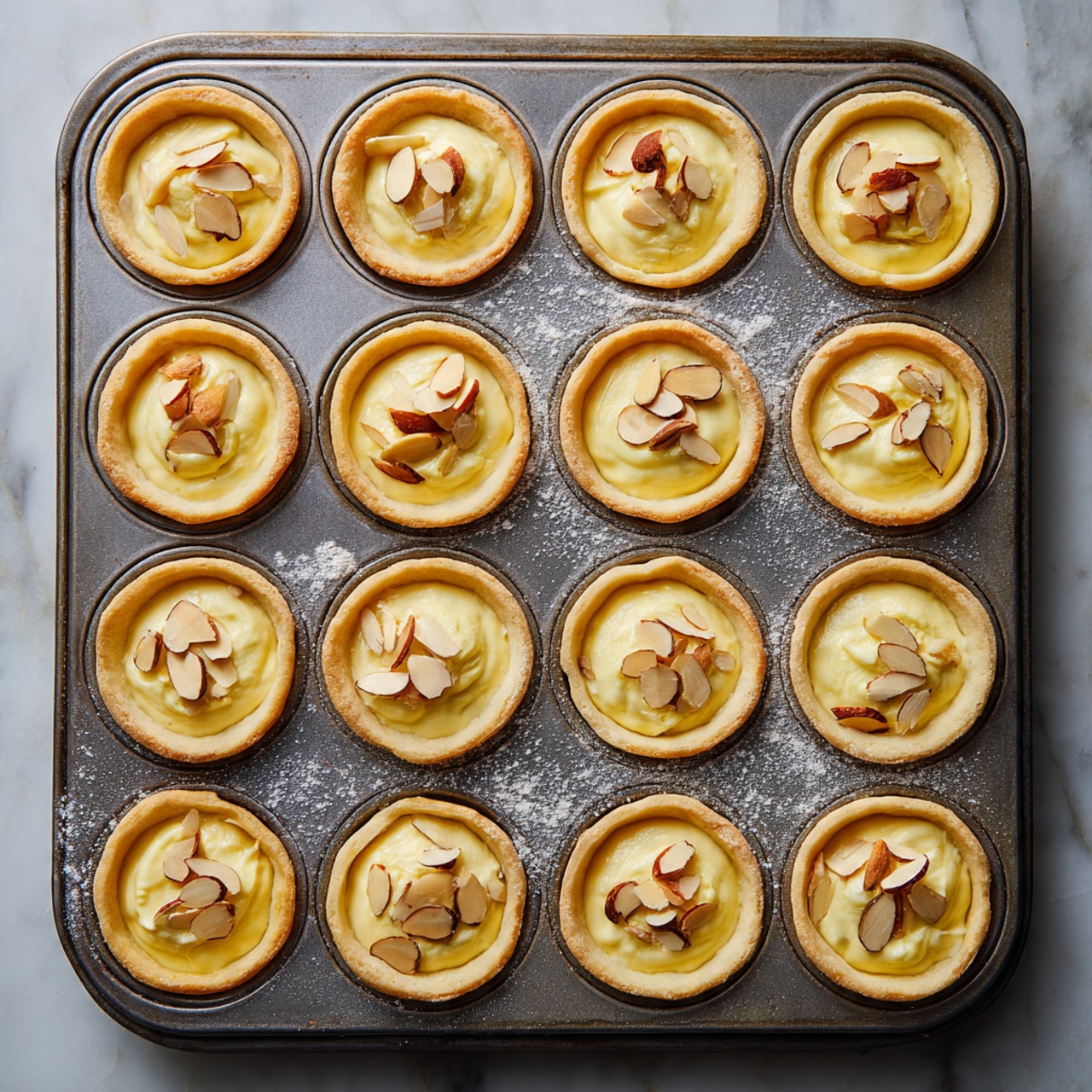 The image shows a metal muffin tray filled with twenty small dough cups, each lined with a light beige pastry crust that folds slightly over the edges. Inside each dough cup, there is a scoop of thick, creamy batter in a pale yellow color, topped with thin, sliced almonds that add a light brown and white contrast. The muffin tray has a few flour dustings around the dough cups and is placed on a white marbled surface. The photo is clear and taken from above, showing all the filled muffin cups in even rows. photo taken with an iphone --ar 4:5 --v 7
