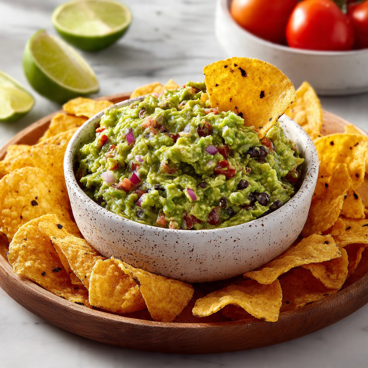 A white speckled bowl sits in the center, filled with chunky green guacamole mixed with small pieces of red tomato and purple onion. A single yellow corn chip with black spots dips into the guacamole. Around the bowl, there is a ring of many yellow corn chips with black spots, laid flat on a round wooden tray. In the background, a white speckled bowl holds green limes and red tomatoes, softly blurred, and two halves of a squeezed green lime rest on the white marbled surface. photo taken with an iphone --ar 4:5 --v 7