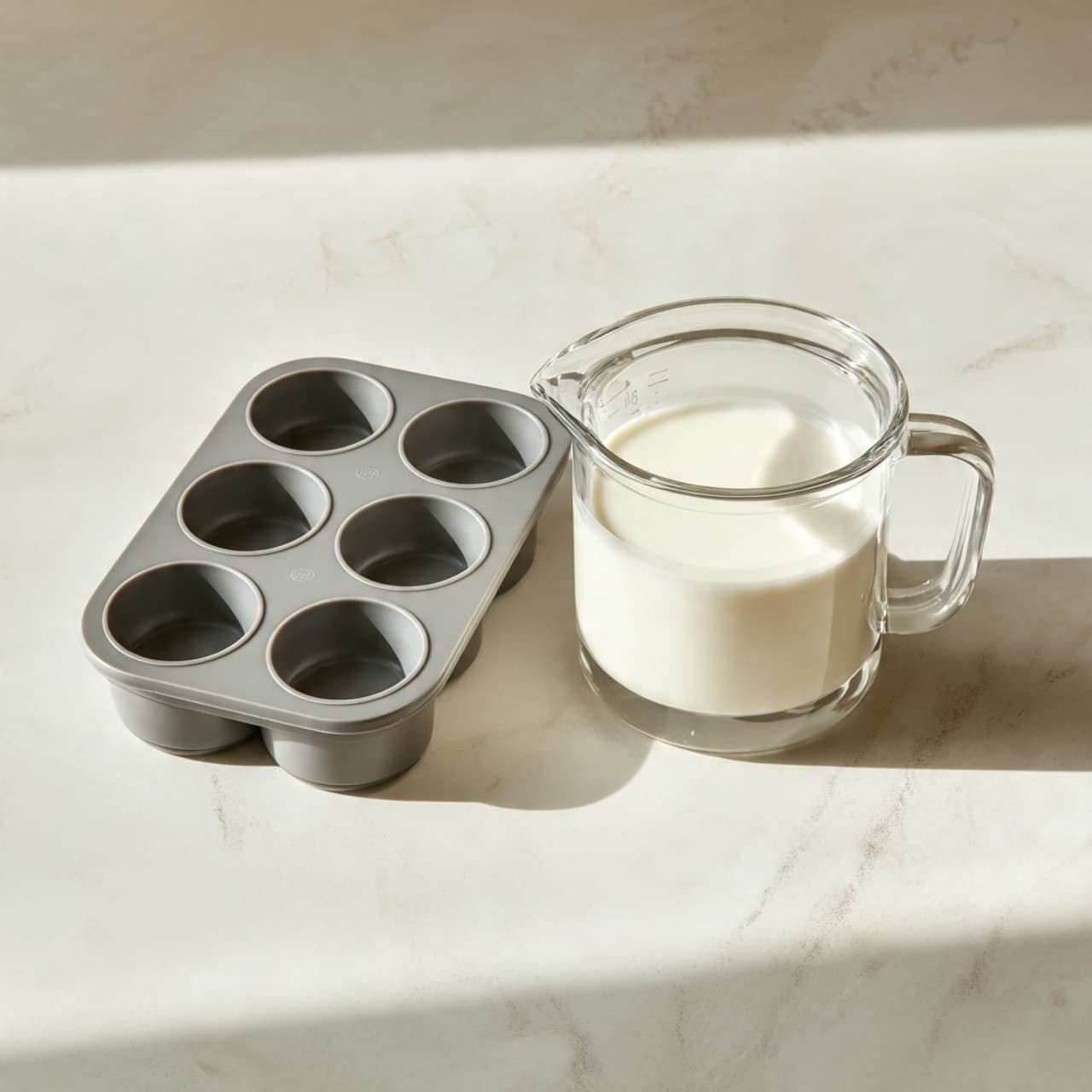 A clear glass measuring cup filled with white liquid, likely milk or cream, sitting on a white marbled surface. Next to it is a gray silicone mold tray with six round cavities, positioned to the left of the measuring cup. The lighting creates soft shadows and highlights the smooth texture of the liquid and the matte finish of the silicone tray. photo taken with an iphone --ar 4:5 --v 7