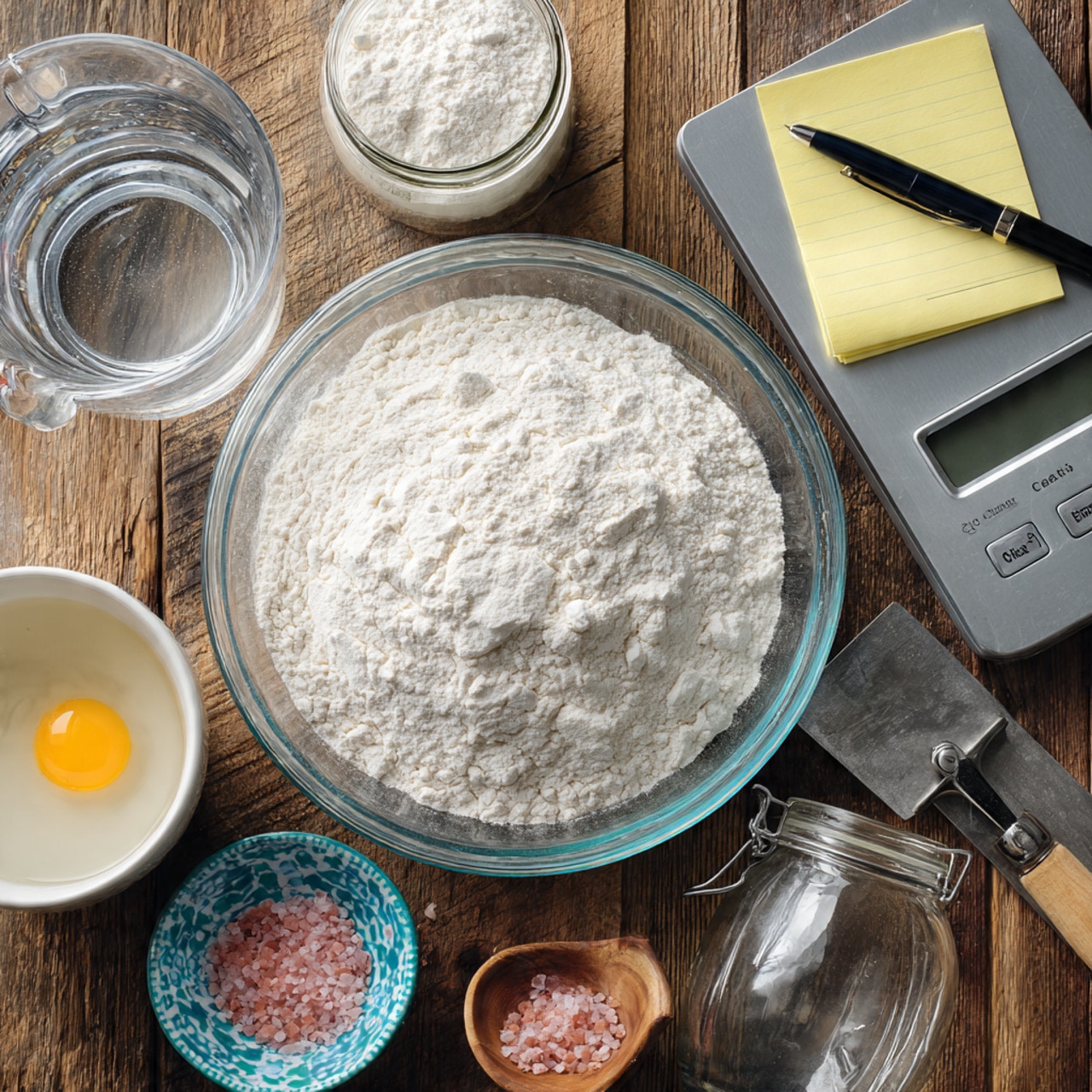 A large clear glass bowl filled with a thick layer of white flour sits at the center on a wooden surface. To the left of the bowl, there is a white measuring cup with clear water, and below it is a small white bowl containing beaten eggs. Above the bowl of flour is a glass jar with a metal lid filled with a white powder, and to its right is a black pen resting on a yellow sticky note with writing. To the right of the bowl, a gray digital kitchen scale has a metal tool with a wooden handle on it. Below the scale is a small white bowl with a blue pattern holding white powder, and next to it is a small wooden bowl with pink salt. A clear jar with a latch is partially visible at the bottom left corner. The entire setup is arranged on a rustic wooden surface. Photo taken with an iphone --ar 4:5 --v 7