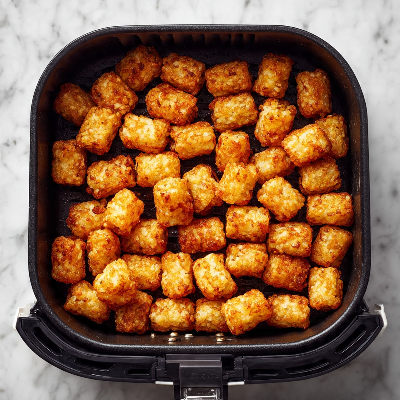 Inside a black air fryer basket with a white base, there are many small, golden-brown tater tots. They are crispy and evenly cooked, with a slightly rough texture showing their crispy edges. The tater tots fill the basket, some stacked on top of each other, showing different golden shades from light to darker brown. The background is a white marbled surface. photo taken with an iphone --ar 4:5 --v 7
