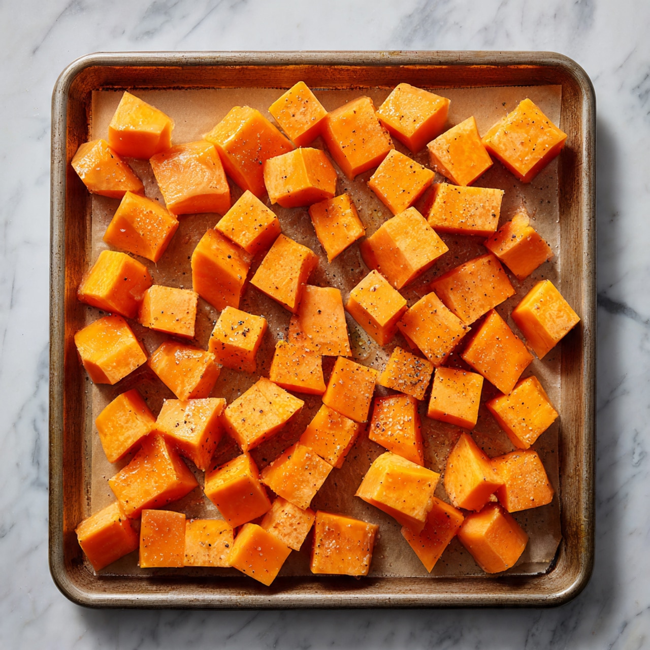 The image shows a baking tray lined with brown parchment paper, filled with evenly spread orange cubed pieces of squash. The cubes are lightly coated with seasoning, visible as small black specks on their surface. The cubes are arranged in a single layer, giving a clear view of each piece's smooth, matte texture. The tray sits on a white marbled surface, and the overall lighting highlights the bright orange color of the squash pieces. photo taken with an iphone --ar 4:5 --v 7