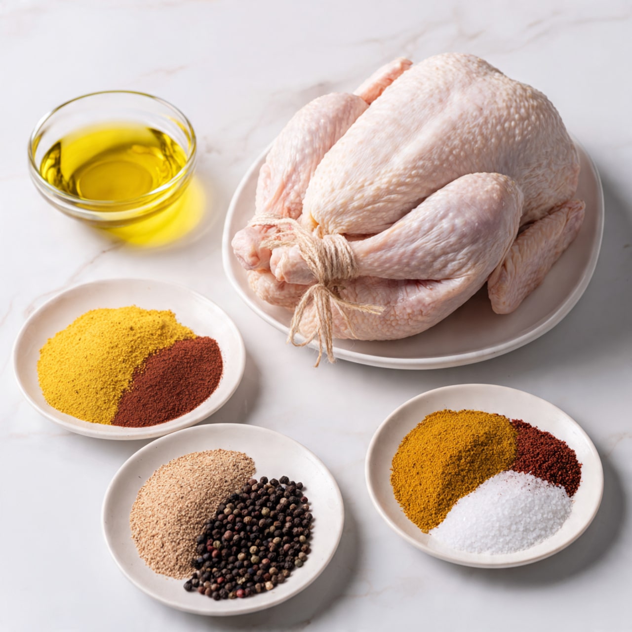A whole raw chicken is tied with string and placed in the center of a white plate, showing its pale pink skin with some texture. To the right, there is another white plate holding five small piles of colorful spices including yellow, brown, dark brown, black, and white salt arranged neatly around the center. Above this plate, a small clear glass filled with light yellow oil is placed. All items rest on a white marbled surface. photo taken with an iphone --ar 4:5 --v 7