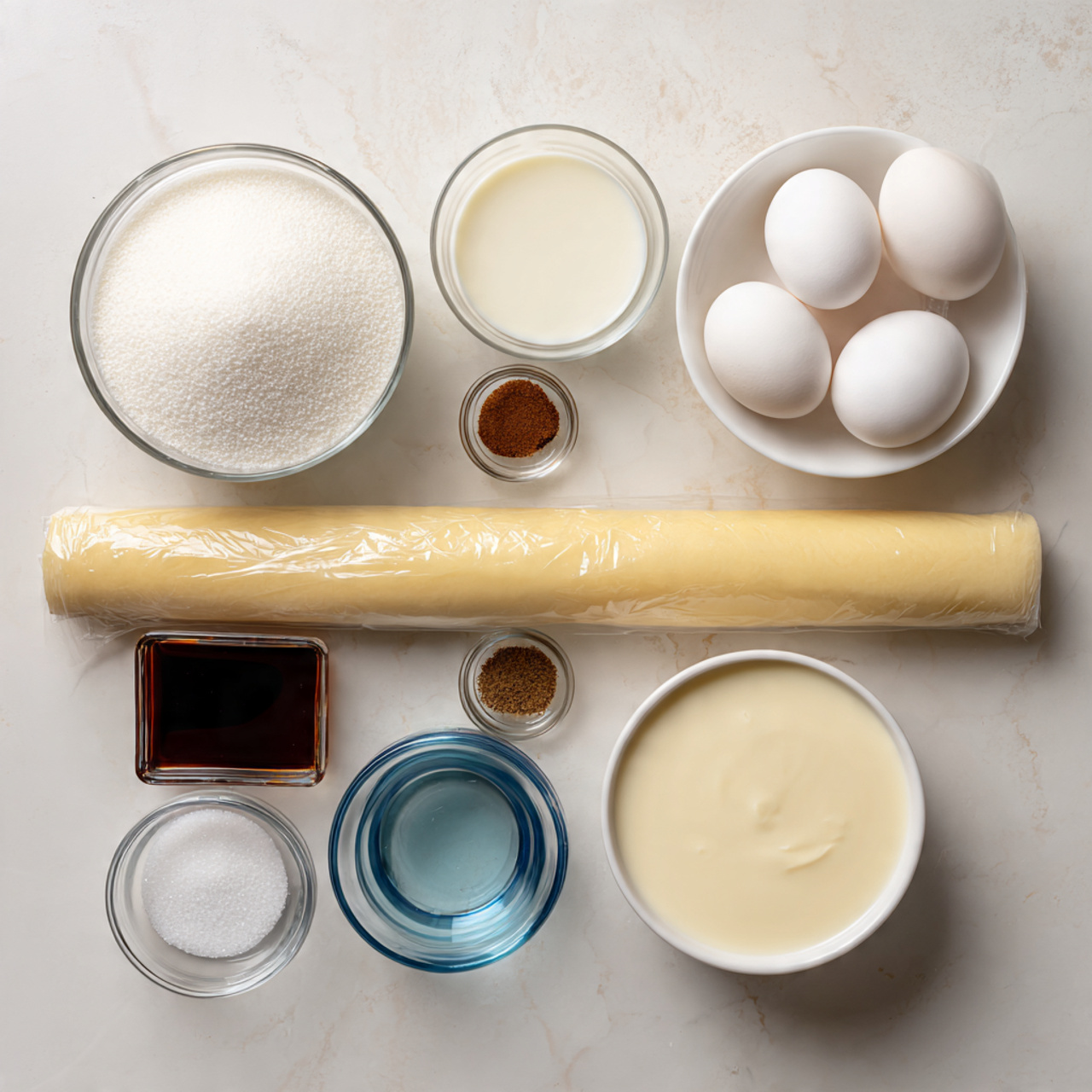 The image shows various baking ingredients arranged neatly on a white marbled surface. There are two clear glass measuring cups filled with white granulated sugar on the left and a light cream mixture on the right. In the center is a small clear glass bowl with milk, and next to it, a white bowl containing four white eggs. A long roll of light yellow dough or pastry wrapped in clear plastic runs horizontally across the middle. Three small white bowls contain brown spice, vanilla extract, and a white powder, while a small round blue glass bowl holds salt. The setup is simple, clean, and organized for easy viewing photo taken with an iphone --ar 4:5 --v 7