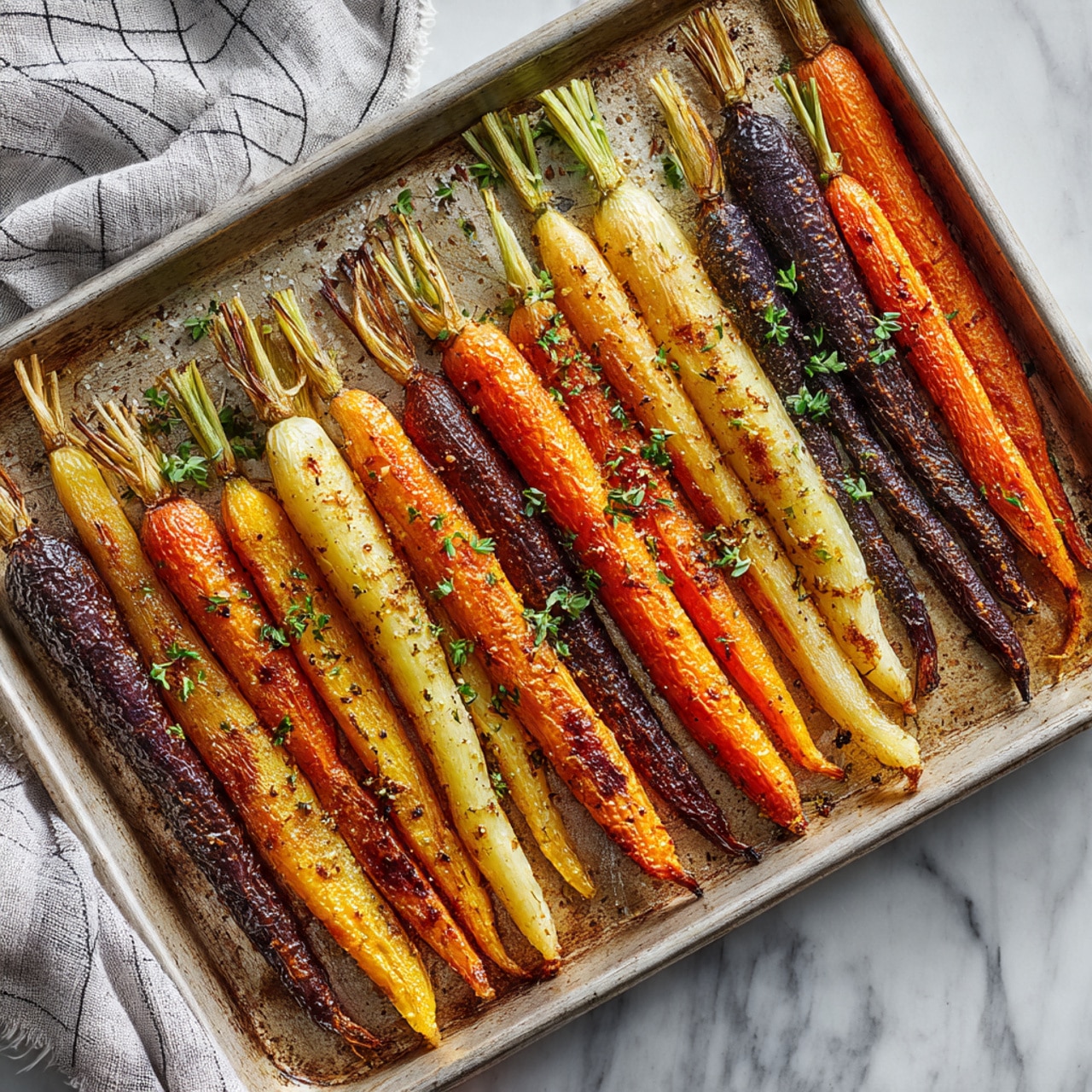 A rectangular metal baking tray holds a single layer of roasted carrots arranged side by side, showing a variety of colors including bright orange, deep purple, and pale yellow. The carrots have a slightly wrinkled and textured surface from roasting, with some darkened spots and herb bits scattered on them. The carrot tops are still on, some with small green stems and others with dried brown tops. The tray is placed on a white marbled texture with a gray cloth with a white grid pattern folded near the top left corner. Photo taken with an iphone --ar 4:5 --v 7