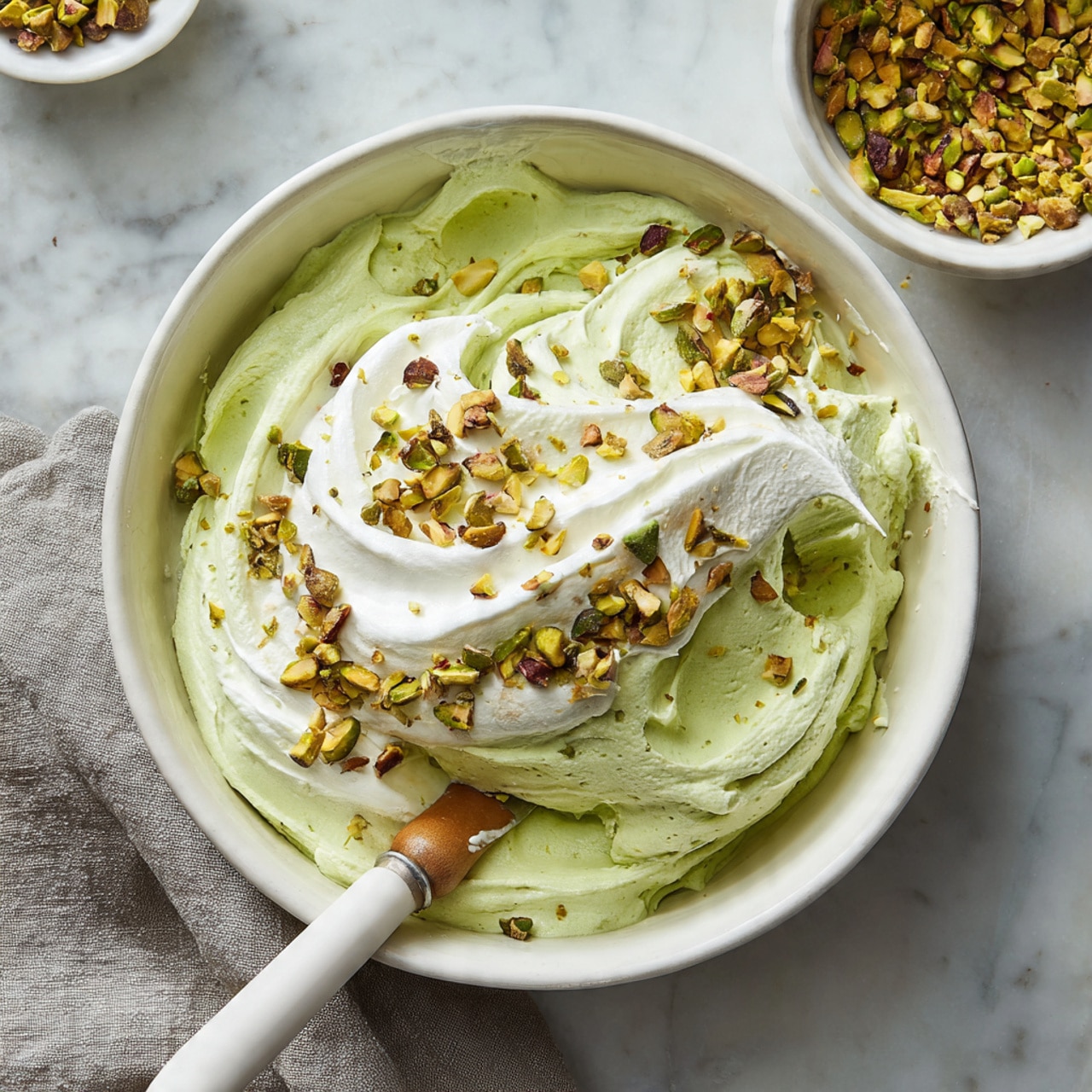 A white bowl filled with two thick creamy layers, the bottom layer is green and smooth with a slight texture, topped partially with a fluffy white cream forming a soft swirl shape. On top of the green layer and along the border with the cream are small clusters of crushed pistachio nuts in shades of green and brown. A spatula with a wooden handle and white blade rests inside the bowl, slightly mixing the layers and nuts. In the background, another white bowl holds more crushed pistachios, all placed on a white marbled surface with a soft gray cloth nearby. Photo taken with an iphone --ar 4:5 --v 7
