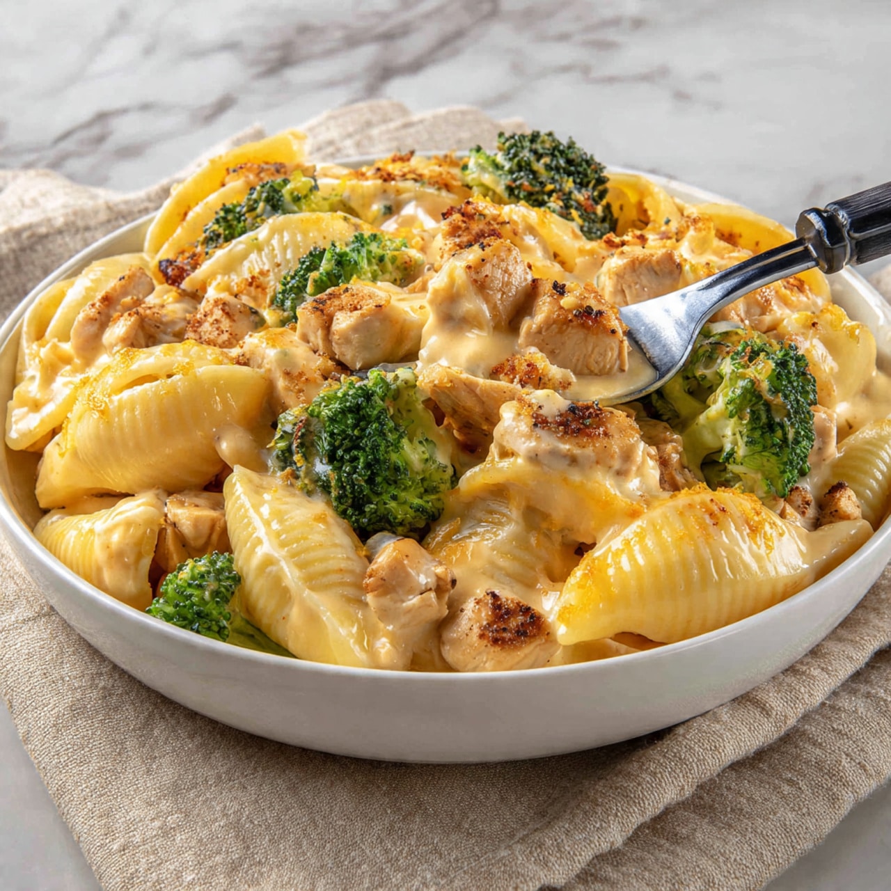 A white bowl holds a creamy pasta dish made of three main layers: the base layer is large shell-shaped pasta with a smooth orange cheese sauce coating it, the middle layer includes chunks of browned chicken pieces with a light sear, and the top layer contains bright green broccoli florets scattered evenly throughout. A silver fork with a black handle is stuck into the pasta, lifting some pasta and chicken covered in sauce. The bowl sits on a beige cloth on a white marbled surface. photo taken with an iphone --ar 4:5 --v 7
