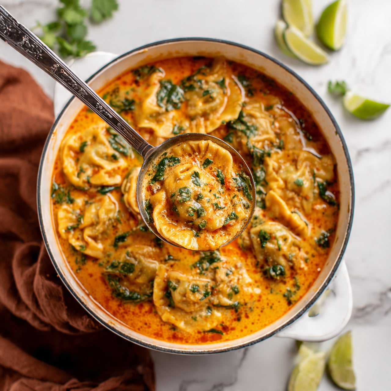 A white pot filled with a creamy orange soup showing soft, folded dumplings as the main layer, mixed with bright orange carrot cubes and dark green spinach leaves scattered throughout. Small pieces of fresh green herbs float on top, adding specks of color. A shiny metal ladle lifts some dumplings and vegetables from the soup, reflecting the warm tones and textures of the dish. The pot rests on a white marbled surface with a brown cloth and lime wedges nearby, adding a fresh, natural touch. photo taken with an iphone --ar 4:5 --v 7