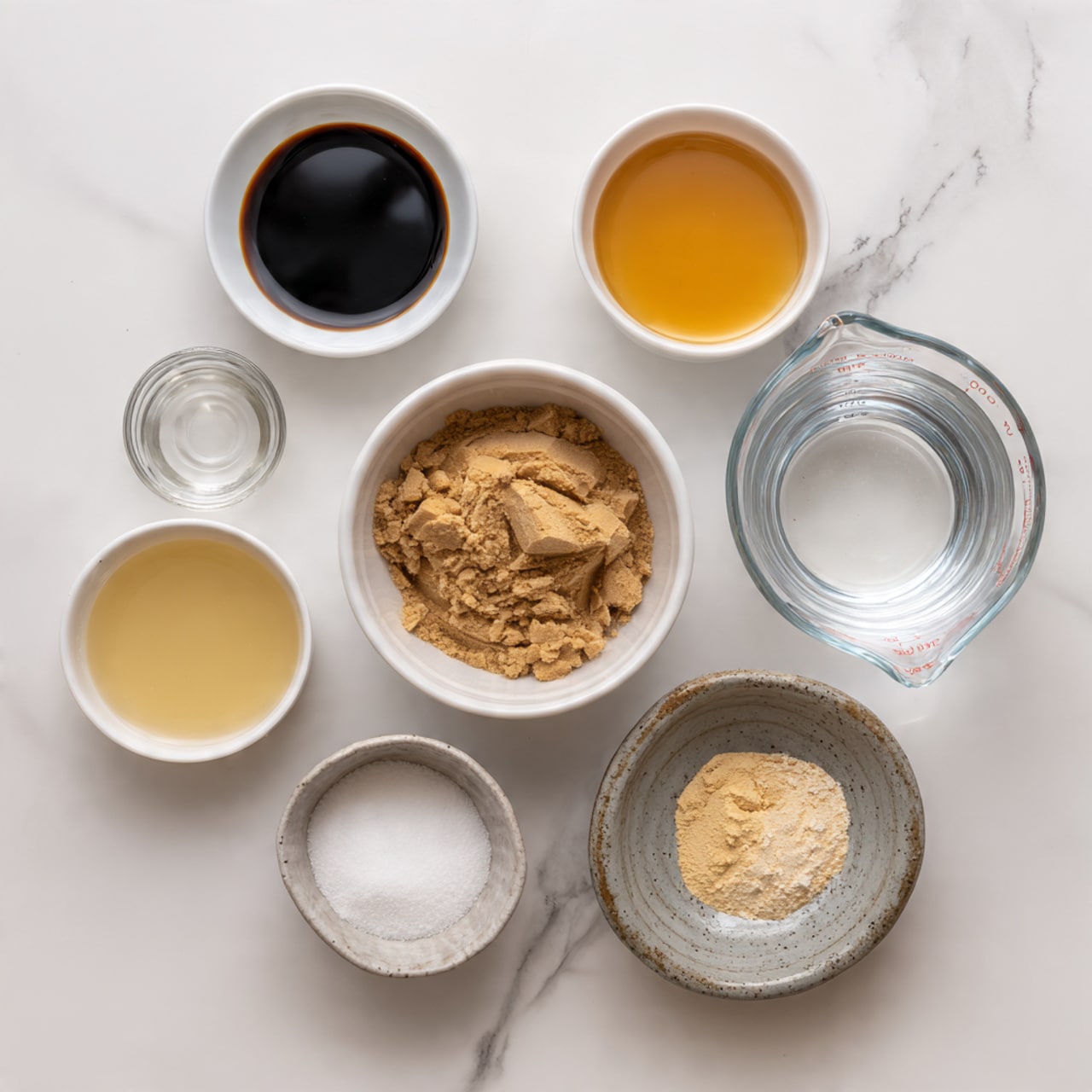 A white round bowl in the center filled with light brown crumbly brown sugar, surrounded by six small bowls and a glass measuring cup placed on a white marbled surface. At the top left, a small white round bowl contains a dark thick liquid, likely soy sauce, and next to it on the right is a smaller white bowl with a light yellow liquid. At the bottom left, a small white bowl holds a white powder, probably cornstarch, and next to it, a clear glass measuring cup is filled with water. To the right, there are two tiny bowls, one gray stone-like bowl with a pale yellow powder and one rustic white bowl with brownish yellow powder. The bowls and cup are arranged in a loose circle around the central brown sugar bowl. photo taken with an iphone --ar 4:5 --v 7
