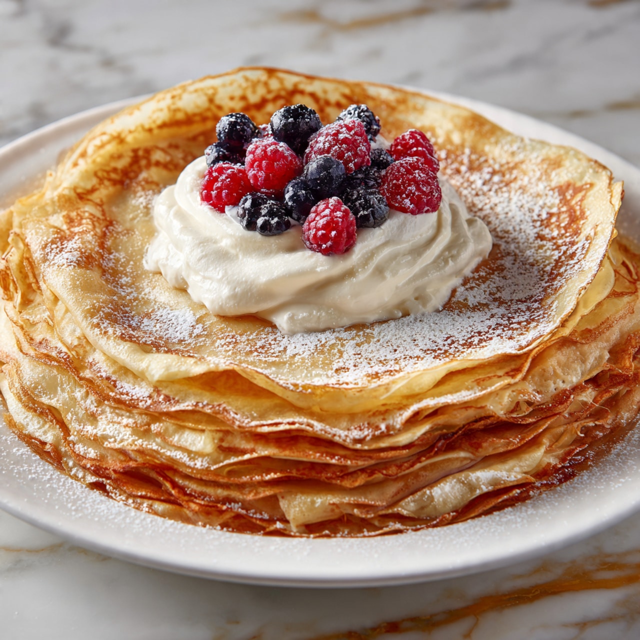 A stack of eight golden brown pancakes sits neatly on a white plate, each pancake showing soft, slightly uneven edges and a smooth top layer. At the center of the top pancake is a dollop of white whipped cream topped with a small handful of fresh berries including blueberries, raspberries, and blackberries, their dark red, purple, and blue colors contrasting nicely with the cream. A light dusting of powdered sugar is scattered over the whole stack and plate, adding a delicate white texture on the warm pancakes. The plate rests on a white marbled surface with subtle gray veining and a thin gold streak nearby. photo taken with an iphone --ar 4:5 --v 7