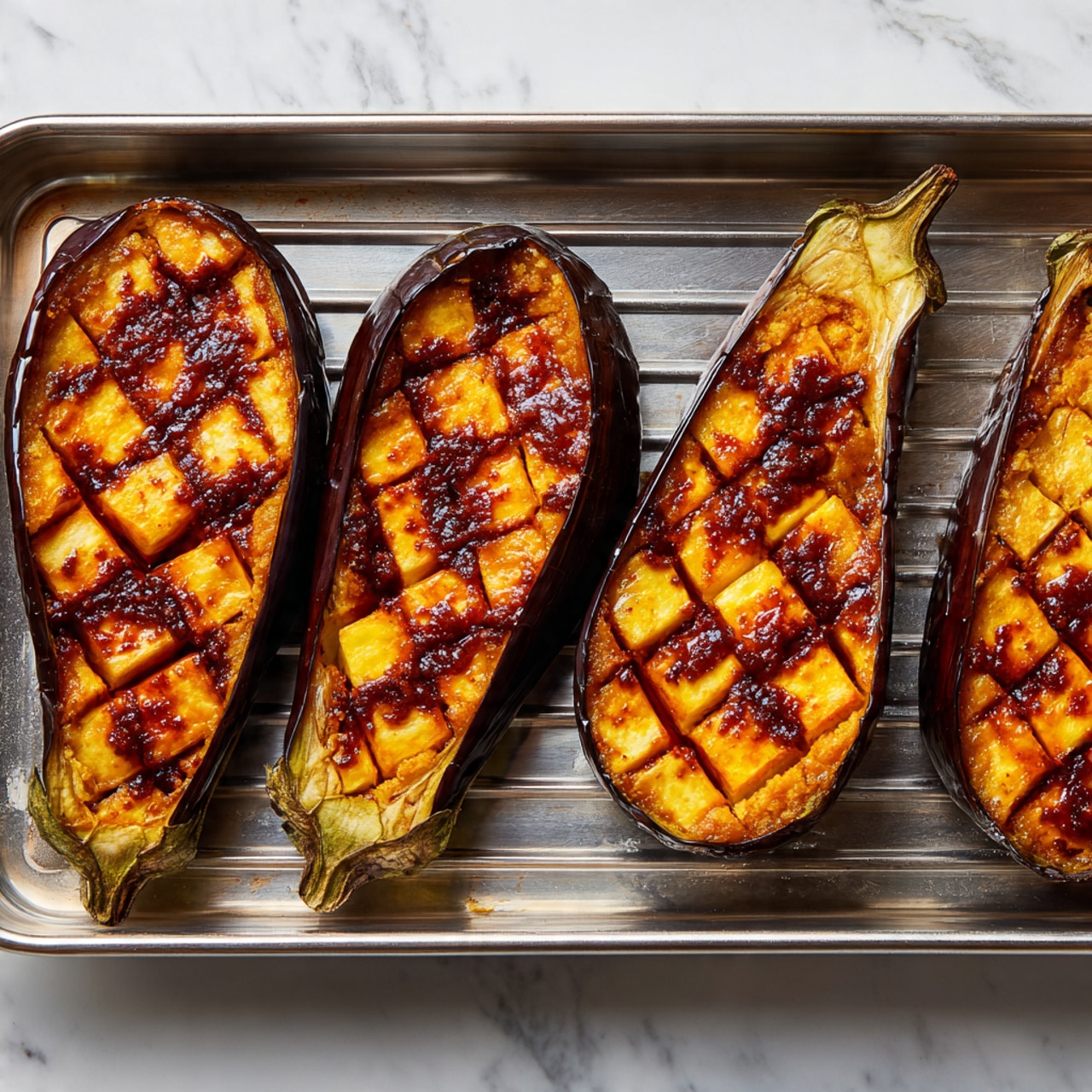 The image shows four roasted eggplant halves placed side by side on a metal baking tray with grooves. Each eggplant half is sliced on top into diamond-shaped sections and covered with a layer of golden brown and dark red roasted sauce that looks thick and caramelized. The eggplants' skin is a dark purple-black color, slightly wrinkled from roasting, and the inside appears soft and cooked through with a rich orange-yellow tone under the sauce. The tray sits on a white marbled surface. Photo taken with an iphone --ar 4:5 --v 7