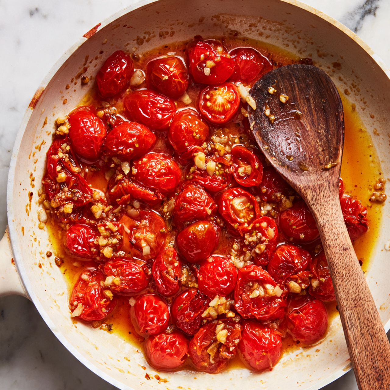 A shallow white pan filled with bright orange-red sauce made of halved cherry tomatoes and small bits of cooked garlic, the sauce has a soft, slightly chunky texture with some oil visible on the surface. A worn wooden spoon rests inside the sauce on the right side, with bits of sauce stuck to it, showing a dark and aged wood grain. The pan is placed on a white marbled surface, and the sauce fills about half the pan, leaving some clean white spots visible around the edges. photo taken with an iphone --ar 4:5 --v 7