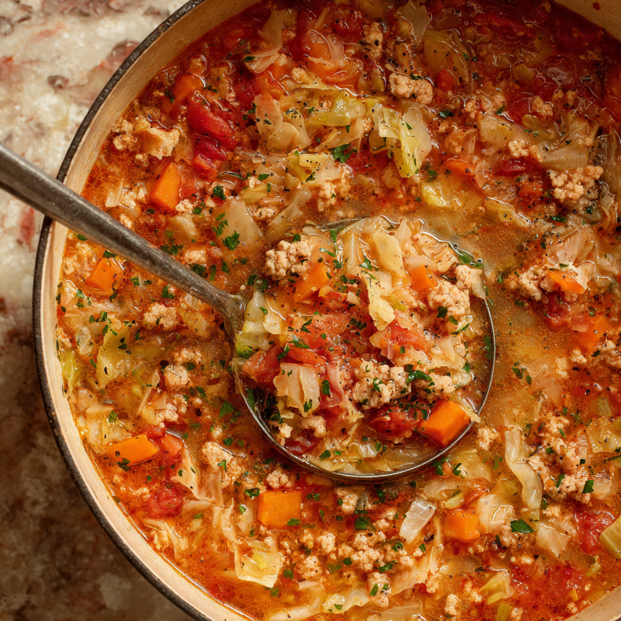 A silver ladle filled with a rich, chunky soup sits in a pot with a white marbled texture surface underneath. The soup has three main layers visible in the ladle: the top layer is a mix of chopped green herbs scattered over the bright orange-red broth; the middle layer shows tender pieces of light yellow cabbage and finely chopped red tomatoes; the bottom layer contains small brown ground meat bits mixed with softened translucent onions and some small orange carrot pieces. The broth looks slightly oily, with a shiny texture, and the whole scene is colorful and warm. Photo taken with an iphone --ar 4:5 --v 7