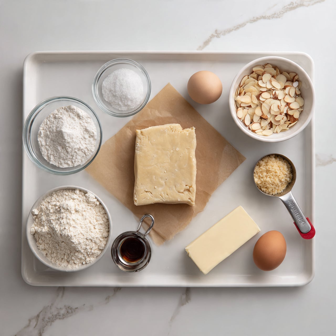 The image shows a white tray on a white marbled surface holding several baking ingredients. In the center, there is a rectangular folded sheet of pale dough on a piece of brown parchment paper. Surrounding it are small clear glass bowls containing white flour and powdered sugar, a white bowl with light brown sugar, a measuring cup with sliced almonds, and a metal measuring cup filled with pale yellow almond meal. To the right of the dough lies a pale yellow stick of butter, a brown egg, and a small dark vanilla extract bottle with a red cap. The setup looks clean and organized, ready for baking. Photo taken with an iphone --ar 4:5 --v 7