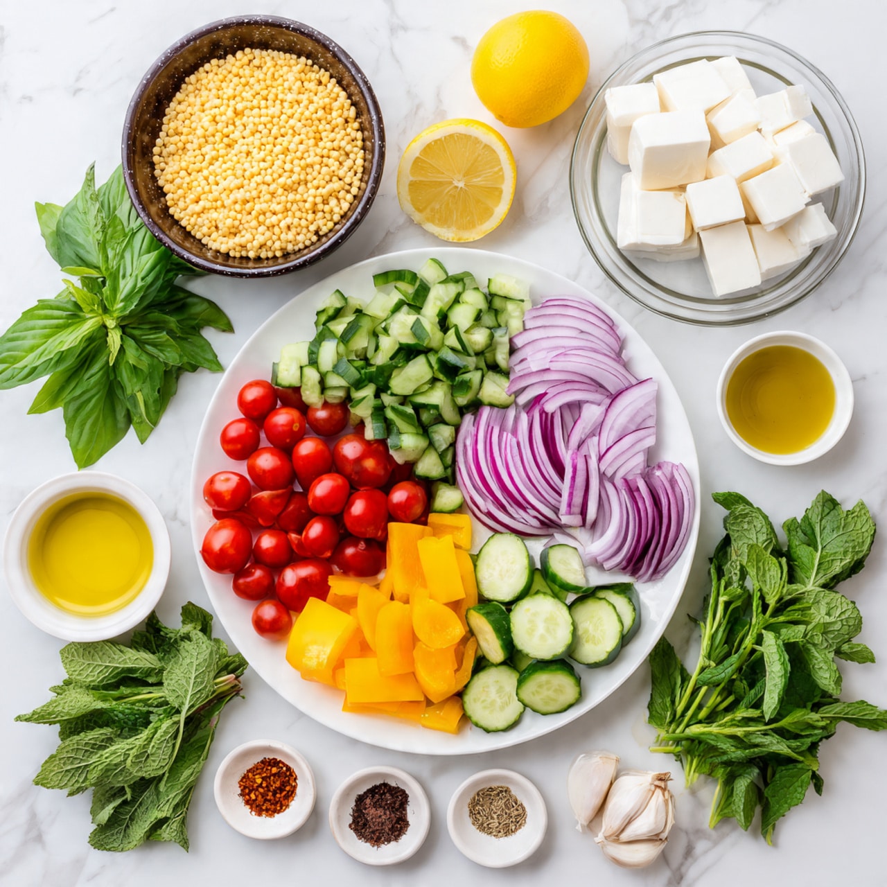 The image shows a white plate filled with fresh vegetables, layered with bright red cherry tomatoes on the top right, thin light purple strips of red onion just below the tomatoes, and light green cucumber slices arranged neatly at the bottom right. Around the plate, there are several bowls and bunches of herbs and ingredients on a white marbled surface. To the left of the plate, a bowl holds round, beige chickpeas, above it is a small white bowl of golden olive oil. Fresh green basil leaves sit next to some whole and cut lemons on a white plate, and above that, a dark bowl full of yellow couscous is placed. Toward the upper right, a clear glass plate holds white blocks of halloumi cheese, with small dishes of brown cumin, white salt, and red chili flakes neatly arranged on it. Fresh green herbs including parsley, mint, and coriander spread across the midsection. A few cloves of garlic lie near the top right side. A white kettle labeled water is partially visible in the top left corner. photo taken with an iphone --ar 4:5 --v 7