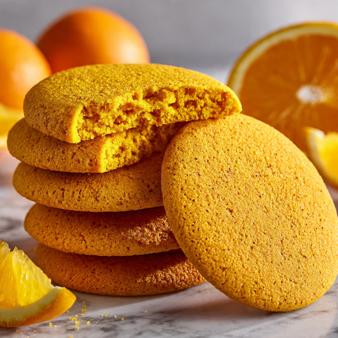 The image shows a pile of round orange cookies with a soft, slightly bumpy texture arranged on a white marbled surface. On top of the pile, there is one cookie broken in half, showing a porous inside with a crumbly texture and a bright orange color. Near the cookies, there is a sliced orange revealing its juicy segments, adding a fresh contrast of vibrant orange and yellow colors. In the background, there are a couple of whole oranges blurred softly. The overall look is warm, fresh, and inviting, highlighting the orange theme clearly. photo taken with an iphone --ar 4:5 --v 7