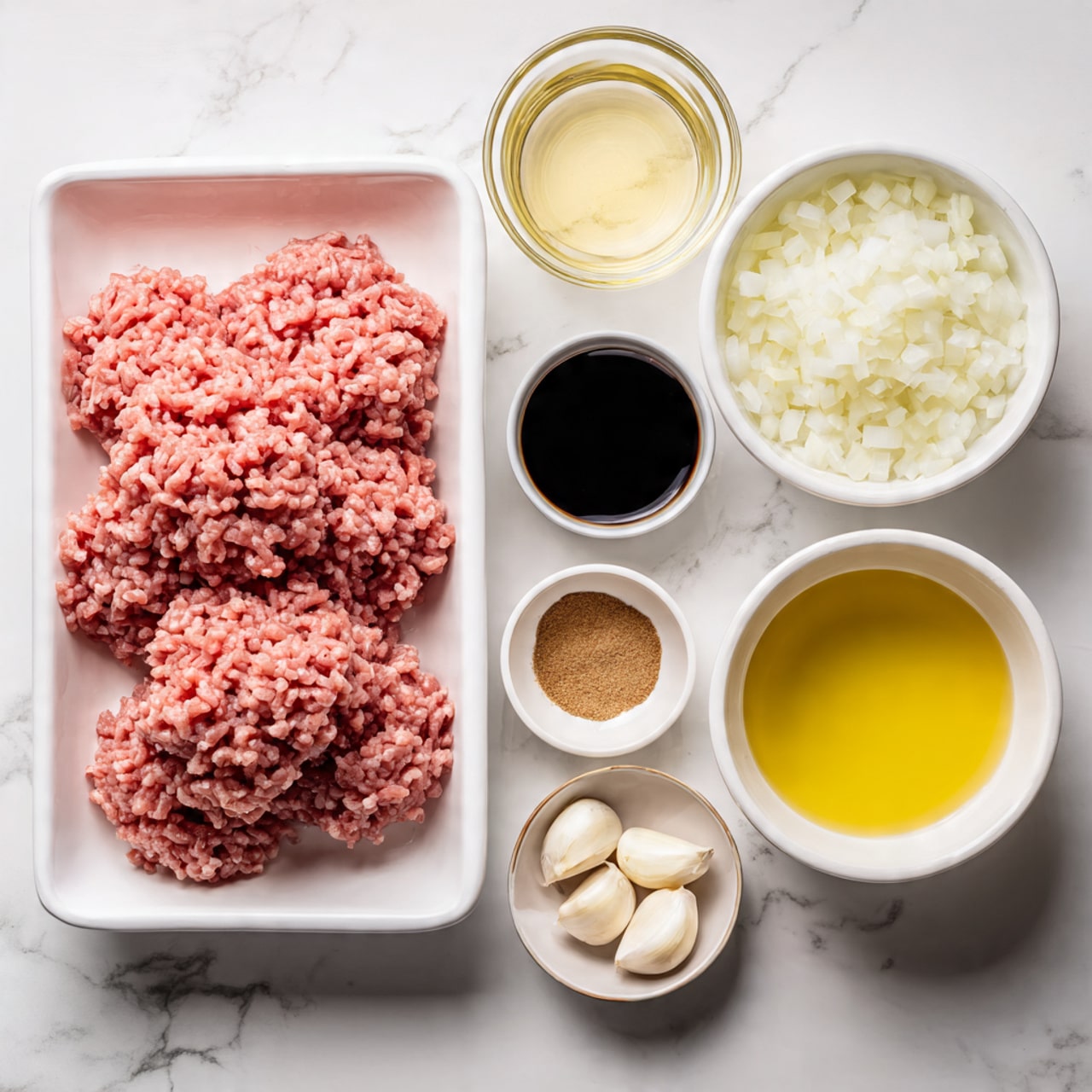 The image shows six ingredients arranged neatly on a white marbled surface. On the left is a white tray filled with pink ground turkey, showing a textured, soft raw meat. To the right, three white bowls hold different items: the top bowl contains small, white and pale yellow chopped onion pieces; the middle bowl holds a dark brown liquid soy sauce; the bottom bowl has a yellow oil with a smooth shiny surface. Between the turkey tray and bowls are three small glass containers: one with a light yellow liquid rice vinegar, another with several white garlic cloves, and the last with fine brown sugar powder. Each item is clearly labeled with bold black and white text. The scene is bright and clean, with a neat, organized look. photo taken with an iphone --ar 4:5 --v 7