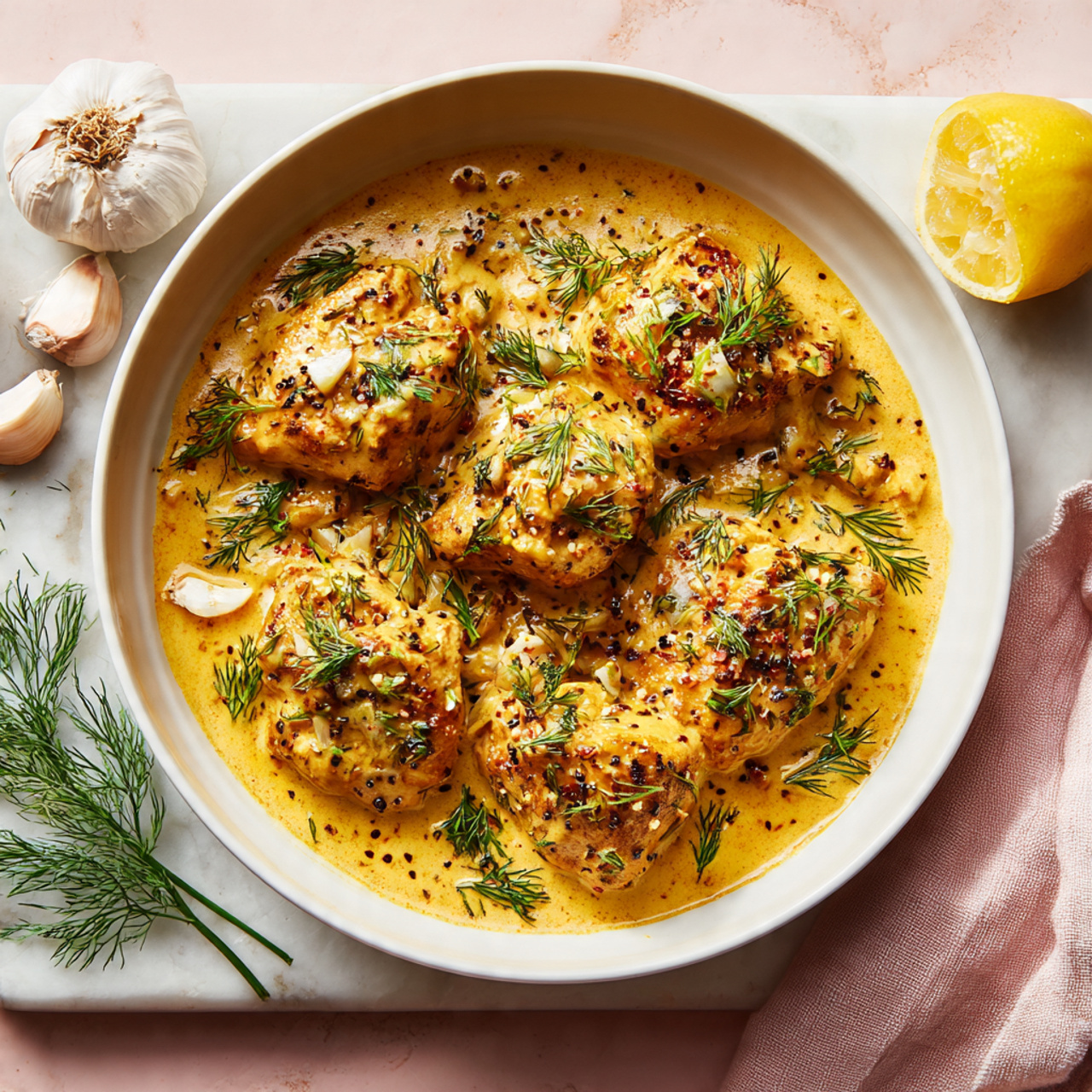 A white bowl filled with raw chicken dipped in a thick creamy orange sauce with visible herbs and specks of black pepper on top, garnished with small green dill flakes. The sauce covers five pieces of chicken, creating a textured and rich look. Around the bowl are whole garlic cloves, sprigs of dill, and a whole lemon placed on a white marbled textured surface. The scene is bright and fresh with a soft pink background showing slight texture, giving a homely kitchen feel photo taken with an iphone --ar 4:5 --v 7