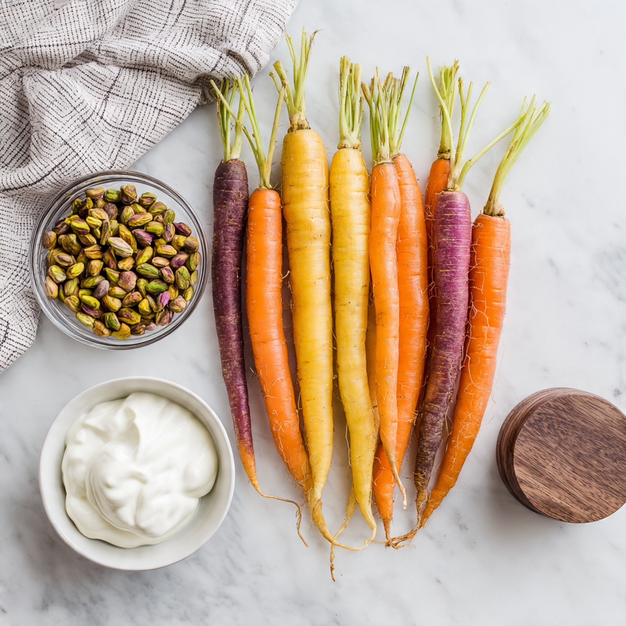 A cluster of fresh carrots with stalks in three colors - orange, pale yellow, and purple - lies horizontally across a white marbled surface. Below the carrots, a small white bowl holds two scoops of smooth white cream with soft edges. To the left of the carrots, a clear glass bowl is filled with greenish-brown roasted pistachios. Above and to the left is a folded grey and white checkered cloth, loosely arranged. At the bottom right corner, there is a round white container with a dark wooden lid resting on top. The whole setup is simple and clean. photo taken with an iphone --ar 4:5 --v 7