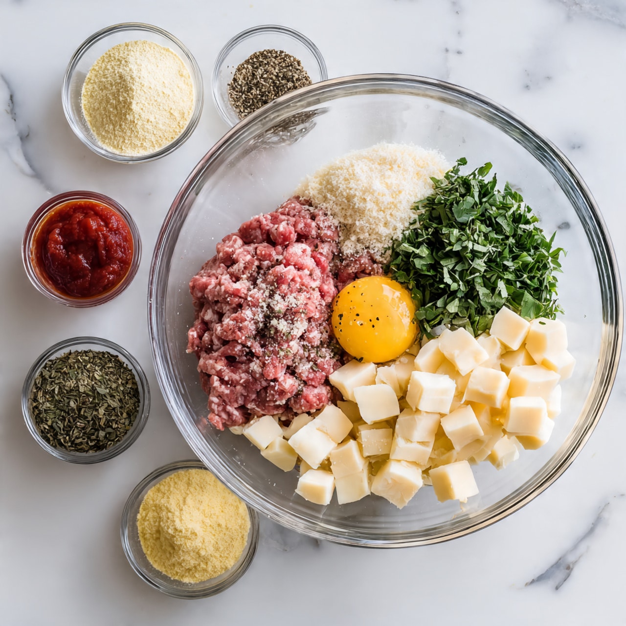 In a large clear glass bowl on a white marbled surface, there are several ingredients arranged in separate sections. At the bottom right, there is raw ground meat with a raw egg yolk sitting in the middle, sprinkled with pepper. On the left side of the meat, there are small pale yellow cheese cubes. Above the cheese cubes, there are fresh green chopped herbs and mixed dried herbs and spices. At the top, there are two piles of fine powders, one pale yellow and one light greenish. Around the bowl, on the white marbled surface, are three small clear bowls: one with red sauce, one with grated pale yellow cheese, and one with fine yellow powder. Photo taken with an iphone --ar 4:5 --v 7