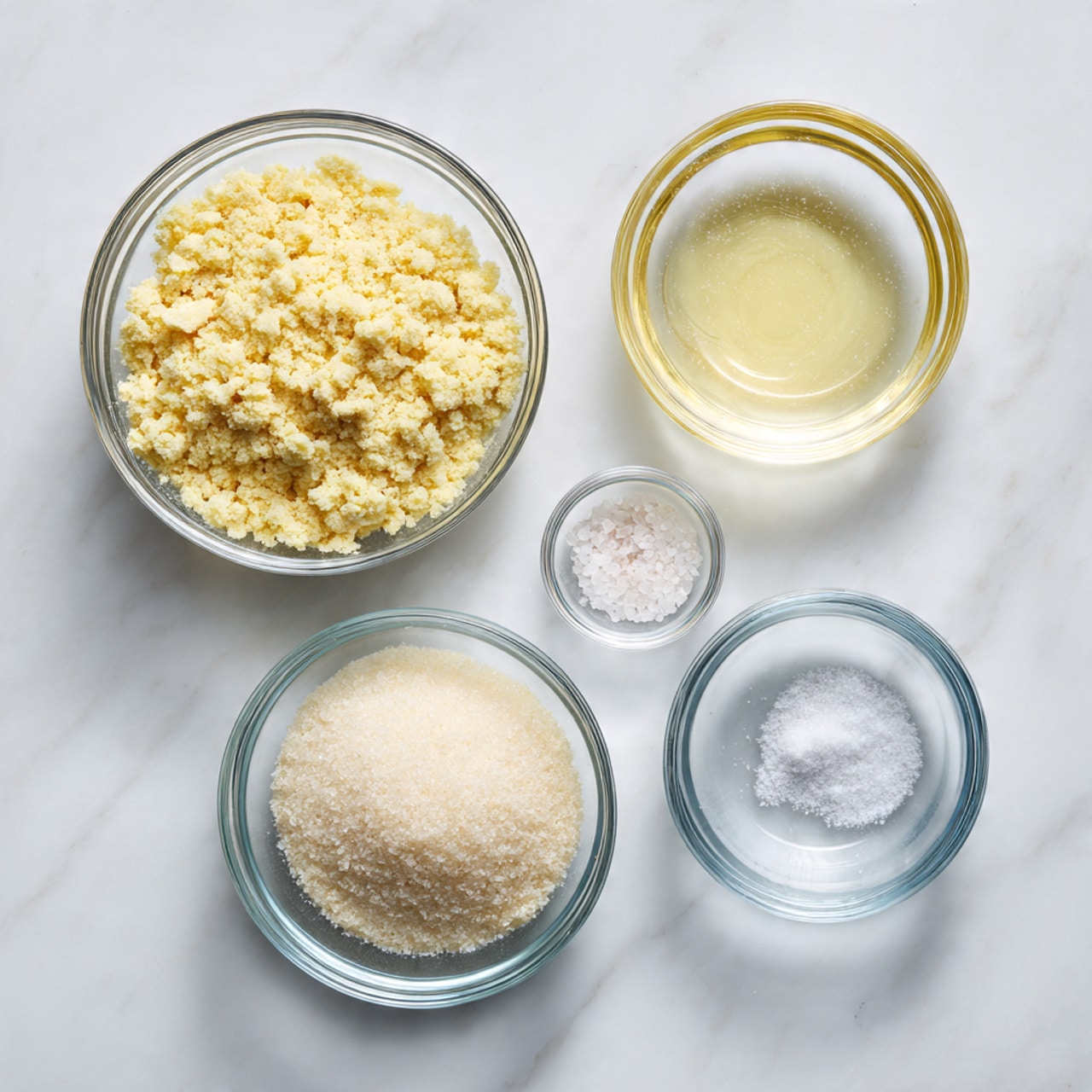 The image shows five clear glass bowls arranged on a white marbled surface. The top left bowl contains light yellow almond flour with a crumbly texture. To the right, a smaller bowl holds transparent yellow egg whites with a smooth surface. Below the almond flour, a larger bowl is filled with fine white sugar crystals. Next to sugar, a very small bowl holds a small pile of white salt crystals, and to its right, another tiny empty bowl with a shiny, clear bottom is labeled for almond extract. Each bowl's contents have distinct textures and colors ranging from light yellow to white and transparent photo taken with an iphone --ar 4:5 --v 7