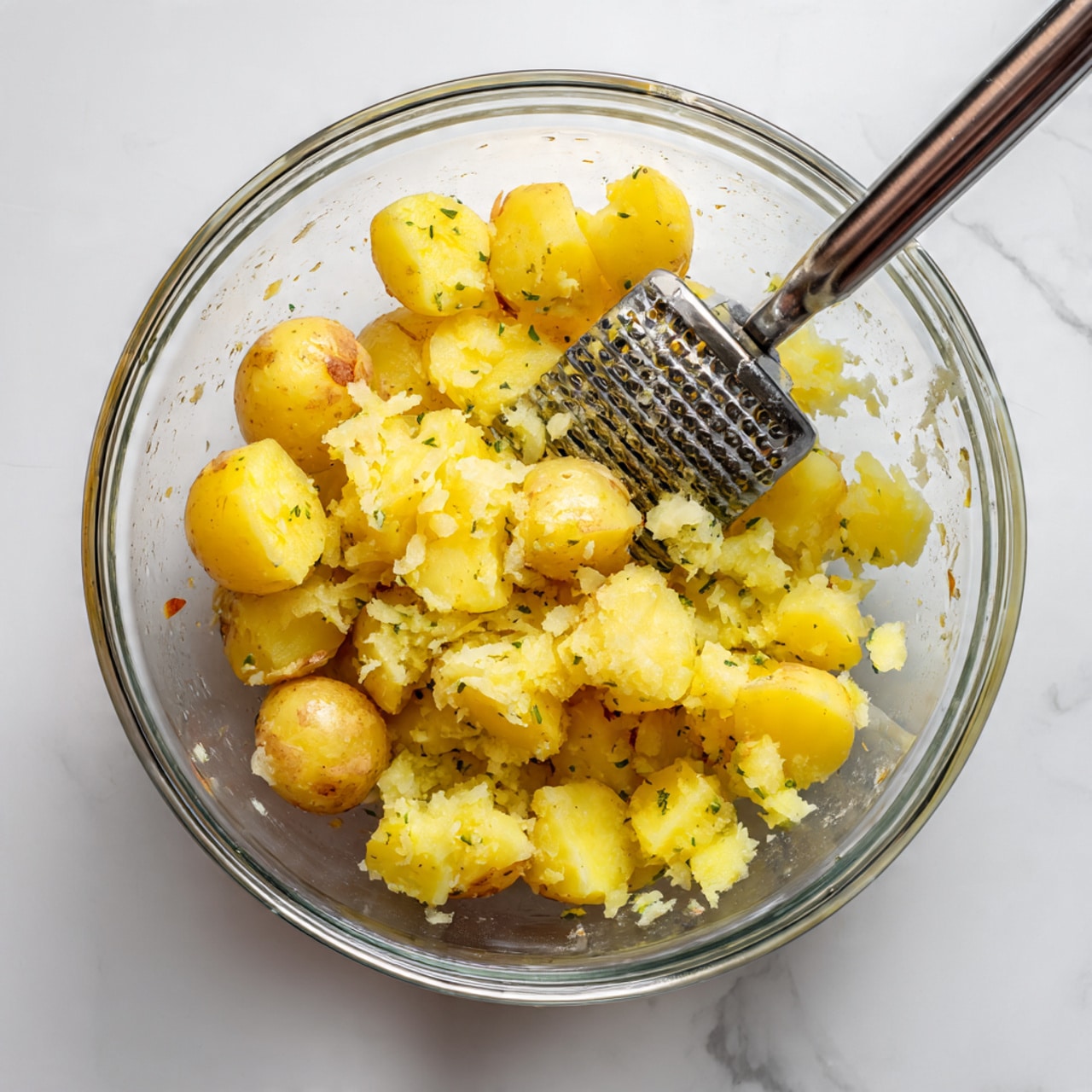 A clear glass bowl contains pieces of yellow potatoes with bits of skin still on them, some are whole chunks while others are partially mashed, showing soft, crumbly texture. A metal masher is pressing down on the potatoes from the top center of the bowl. The bowl sits on a white marbled surface. photo taken with an iphone --ar 4:5 --v 7
