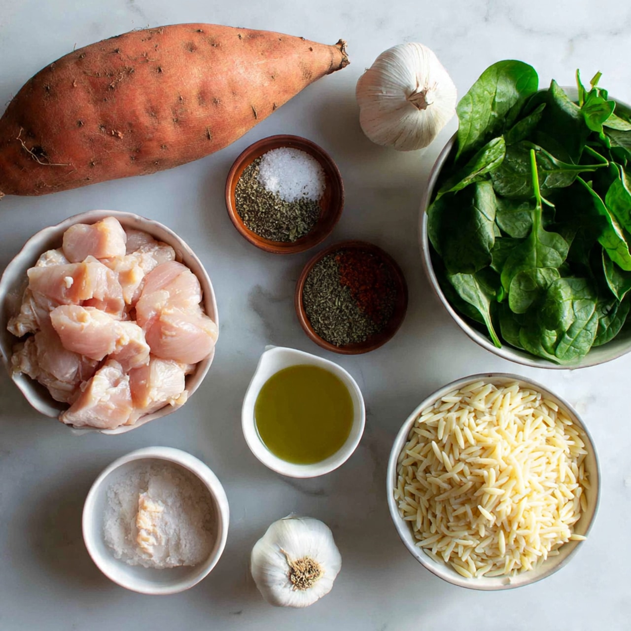 The image shows ingredients arranged neatly on a white marbled surface. A long, reddish sweet potato is placed horizontally at the top. Below it, two small brown bowls hold Italian seasoning and salt and pepper. A green and white box of Boursin cheese is center-right near a clear glass bowl filled with white Parmesan cheese. To the right, a brown bowl contains fresh, bright green baby spinach leaves. Below, a white bowl is filled with pale yellow orzo pasta, while another white bowl holds small pieces of raw, light pink chicken. Next to these bowls, a small white cup contains extra virgin olive oil, and a whole white garlic bulb sits nearby. The colors and textures contrast clearly in the soft natural light. Photo taken with an iphone --ar 4:5 --v 7
