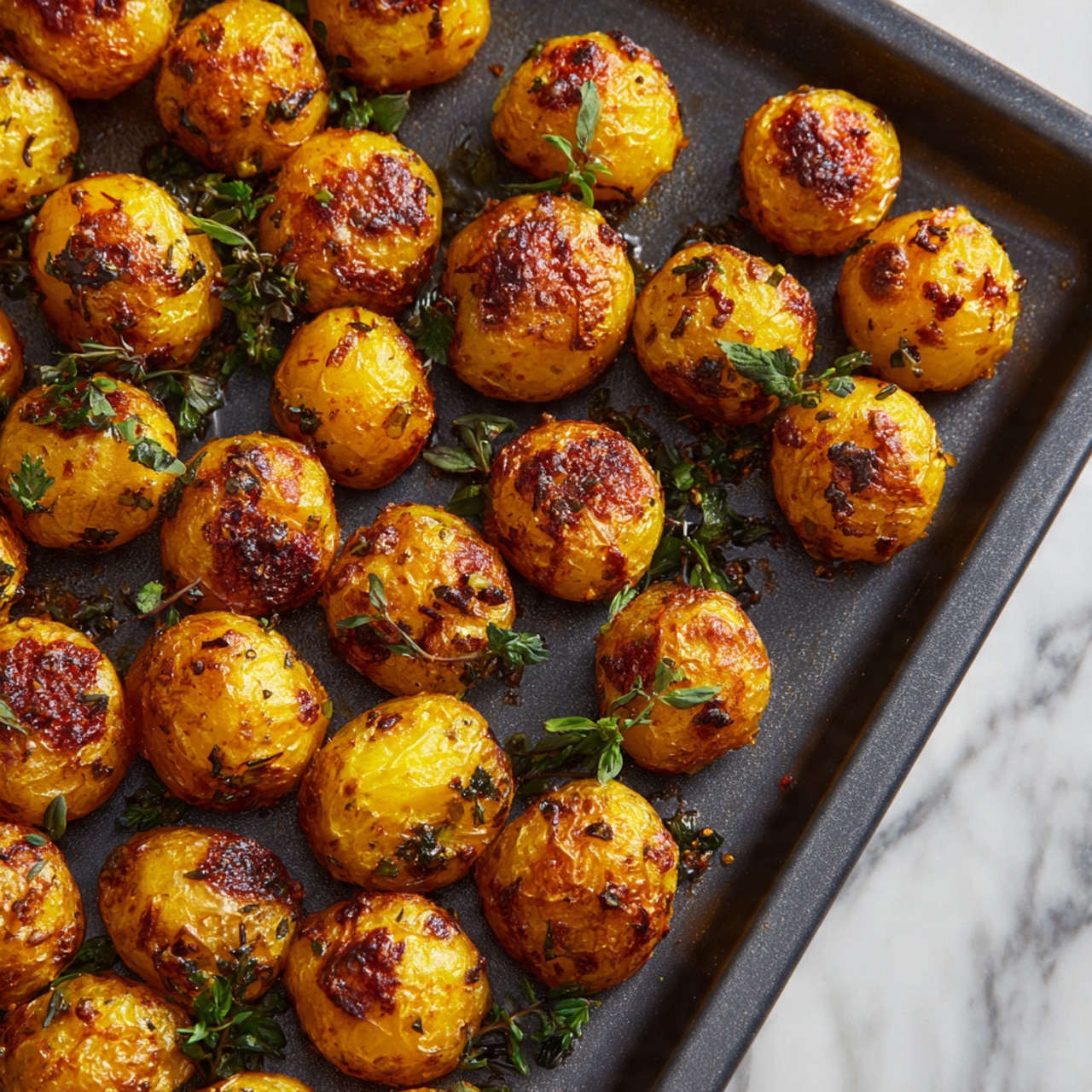 The image shows a group of golden roasted small potatoes on a dark baking tray. Each potato has a slightly wrinkled, crispy skin with browned spots and is sprinkled with small green herb leaves. The potatoes are unevenly arranged in a single layer on the tray. The surface beneath the tray has a white marbled texture. Photo taken with an iphone --ar 4:5 --v 7