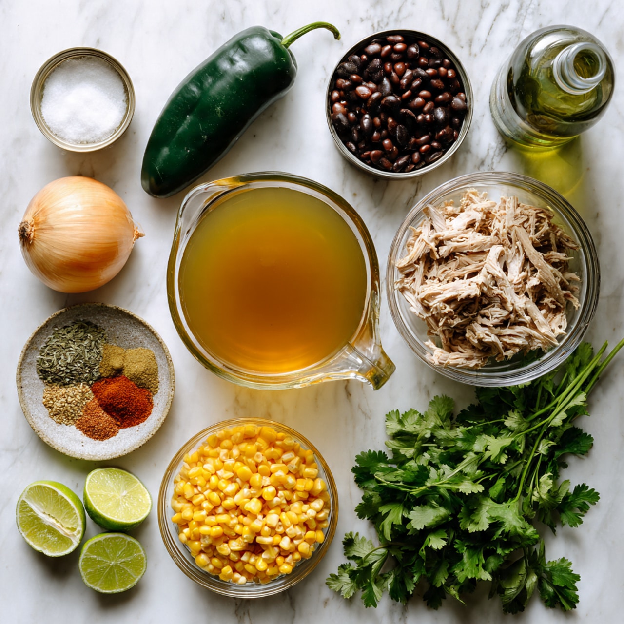 The image shows a flat lay of various cooking ingredients placed on a white marbled surface. Starting from the top center, there is a clear glass bowl filled with bright orange shredded cheese, next to a glass measuring cup with white cream. On the far right, there is a transparent glass container filled with light golden chicken broth. Below it, a glass bowl contains shredded cooked chicken with a slightly browned texture. In the middle, a dark green poblano pepper sits next to a whole yellow onion with its natural skin. Below that is a small pile of fresh green cilantro leaves. On the left, a small white bowl holds a blend of colorful dried spices, including shades of brown, green, and red. Nearby, a small glass bowl is filled with yellow corn kernels. A can of black beans is partially open, showing the dark beans inside. Two lime wedges are placed near the center, adding a splash of light green. A bottle of olive oil with a green cap is positioned near the top right. All items are spaced evenly, neatly arranged for clear viewing. photo taken with an iphone --ar 4:5 --v 7