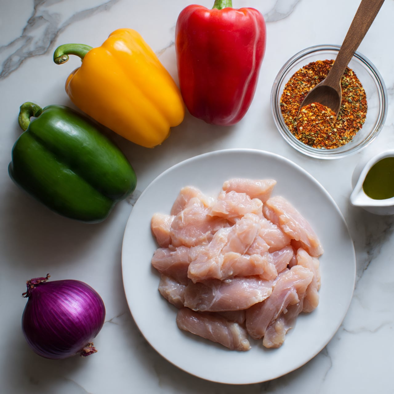 A white round plate filled with many pale pink raw chicken strips is placed slightly to the right on a white marbled surface. Around it are three whole bell peppers – yellow at the top left, red below the yellow, and green below the red – all smooth and shiny. Below the green pepper is a small purple onion with a rough root end. Above the chicken plate, a small clear glass bowl contains an orange-red spice mix with a small brown wooden spoon resting inside. To the right of the glass bowl, there is a tiny white ceramic container without a handle holding a small amount of green liquid. The overall arrangement is neat and colorful with the background being soft white marble. photo taken with an iphone --ar 4:5 --v 7