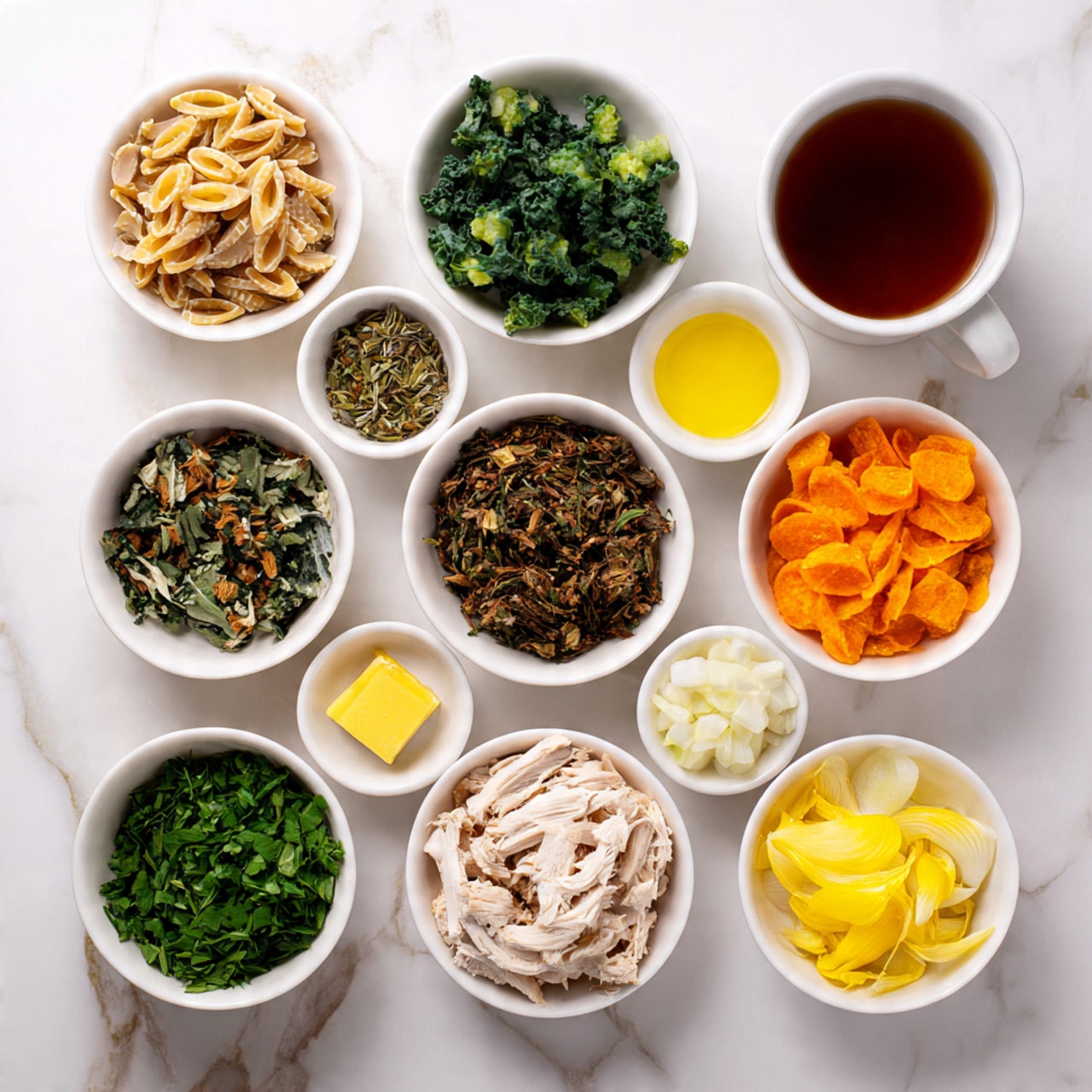 The image shows twelve small white bowls and a white cup arranged on a white marbled surface. The bowls contain different ingredients: top row has light brown orzo pasta, sliced green celery, chopped kale, and a white cup of brown broth or tea. The middle row from left has sliced orange carrots, a bowl with mixed green and brown dried herbs, a bowl with yellow olive oil and a square of butter, and a bowl of chopped fresh green herbs. The bottom row has grated yellow lemon zest, shredded cooked chicken in the center, a small bowl of light yellow garlic, and chopped white onions on the right. All bowls are evenly spaced and viewed from above. photo taken with an iphone --ar 4:5 --v 7