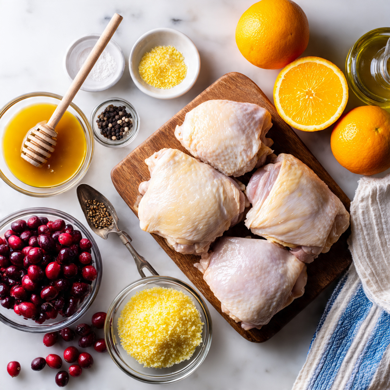 Four pieces of raw chicken thighs with skin sit closely together on a small wooden cutting board, placed in the center of a white marbled surface. Around the board are small glass bowls holding grated yellow ginger, orange zest, and minced garlic in a row along the bottom edge. To the left of the board is a small white bowl with honey and a honey dipper resting inside, along with small bowls containing soy sauce, black pepper, and salt. Fresh cranberries spill from a small metal scoop near the bottom left corner, while halved bright orange oranges are arranged around the top and right side. A small glass bottle of oil is positioned near the upper right corner. A white towel with blue stripes peeks in from the lower right side. Photo taken with an iphone --ar 4:5 --v 7