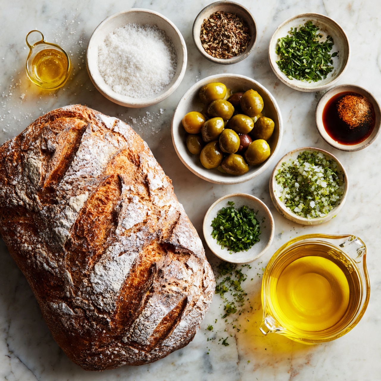 A large loaf of rustic bread with a light dusting of flour and a golden-crust sits on the bottom left of the image on a white marbled surface. Above it, there are small white bowls with finely grated white cheese, dark soy sauce, chopped green herbs, coarsely chopped green olives, minced garlic, chopped dark olives, mixed dried herbs, and salt. To the right, there is a clear glass measuring cup filled with yellow olive oil. The bowls vary in size and shape, arranged neatly above and to the right of the bread, all resting on the white marbled surface. photo taken with an iphone --ar 4:5 --v 7