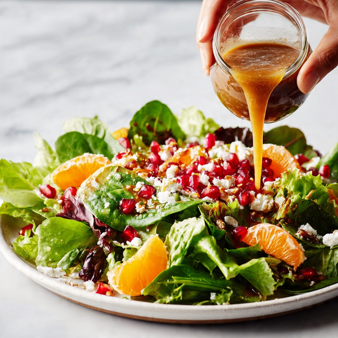 A close-up view of a fresh salad on a white marbled surface, showing a mix of green leafy lettuce and spinach as the base layer. Scattered over the leaves are bright orange mandarin segments, shiny red pomegranate seeds, and small white cheese crumbles. On top, there are crunchy, golden-brown candied nuts, adding texture. In the center, a woman's hand is pouring a smooth, light brown dressing from a clear glass jar, which flows over the greens and fruit, creating a glossy effect. The colors are vibrant and the textures clear, showing the freshness of the ingredients photo taken with an iphone --ar 4:5 --v 7