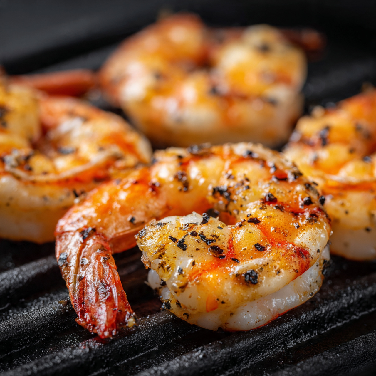 10-Minute Garlic Parmesan Shrimp Recipe 5 The image shows several cooked shrimps placed on a black grill with clear grill marks. The shrimps are curled in a crescent shape, with an orange-pink color mixed with white patches where the meat is cooked. The surface of the shrimp appears slightly shiny with a light seasoning of black pepper and some charred spots, indicating they have been grilled. The background shows more shrimps blurred, emphasizing the focus on the front ones. The setting has a close-up and sharp focus on the texture of the shrimp and the grill lines. photo taken with an iphone --ar 4:5 --v 7