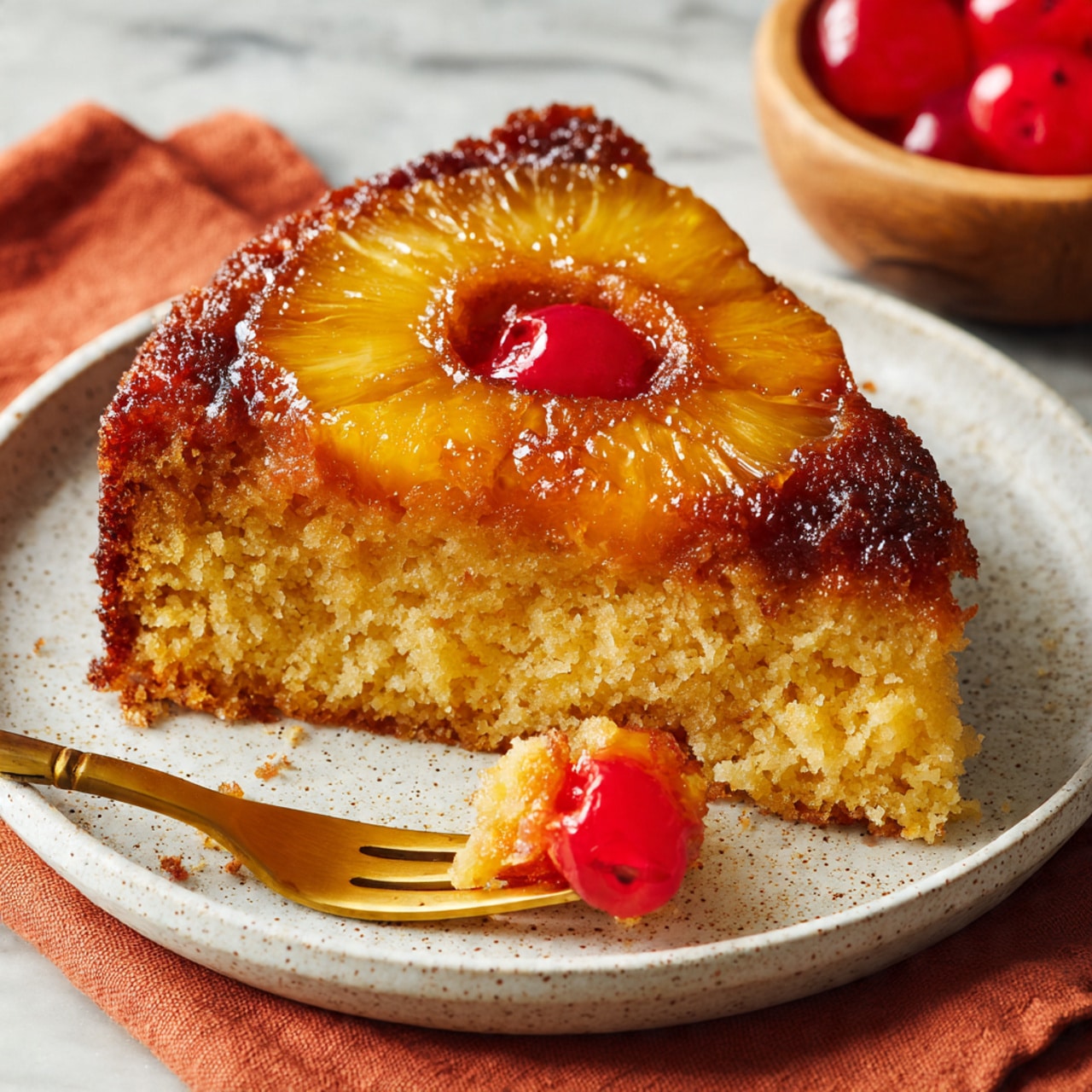 A single slice of yellow pineapple upside-down cake sits at the center of a white speckled plate, showing two clear layers: the bottom soft and moist cake layer, and the top glossy caramelized layer with a round pineapple ring and a bright red cherry in the middle. A golden fork with a piece of cake and a small chunk of red cherry is placed to the right of the slice, resting on the plate. The white marbled surface underneath adds a clean, bright look, with a hint of an orange cloth nearby and a wooden bowl with red cherries in the upper left corner. photo taken with an iphone --ar 4:5 --v 7