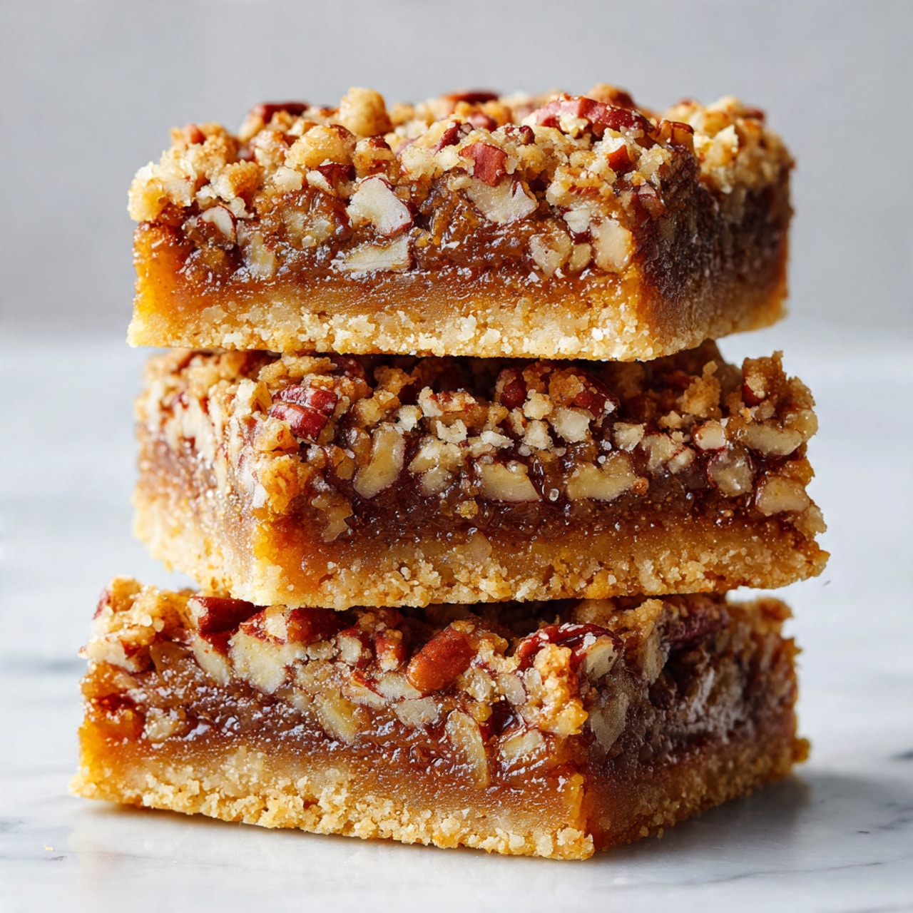 The image shows a stack of three pecan bars placed on a white marbled surface. Each bar has a golden brown, crumbly top layer with a slightly crisp texture, revealing a sticky, amber-colored filling with visible pieces of chopped pecans inside. The middle layer is gooey and nutty, contrasting with the crunchy top. The bars appear soft around the edges and the stack is slightly leaning, highlighting the rich, layered texture of the treat. photo taken with an iphone --ar 4:5 --v 7