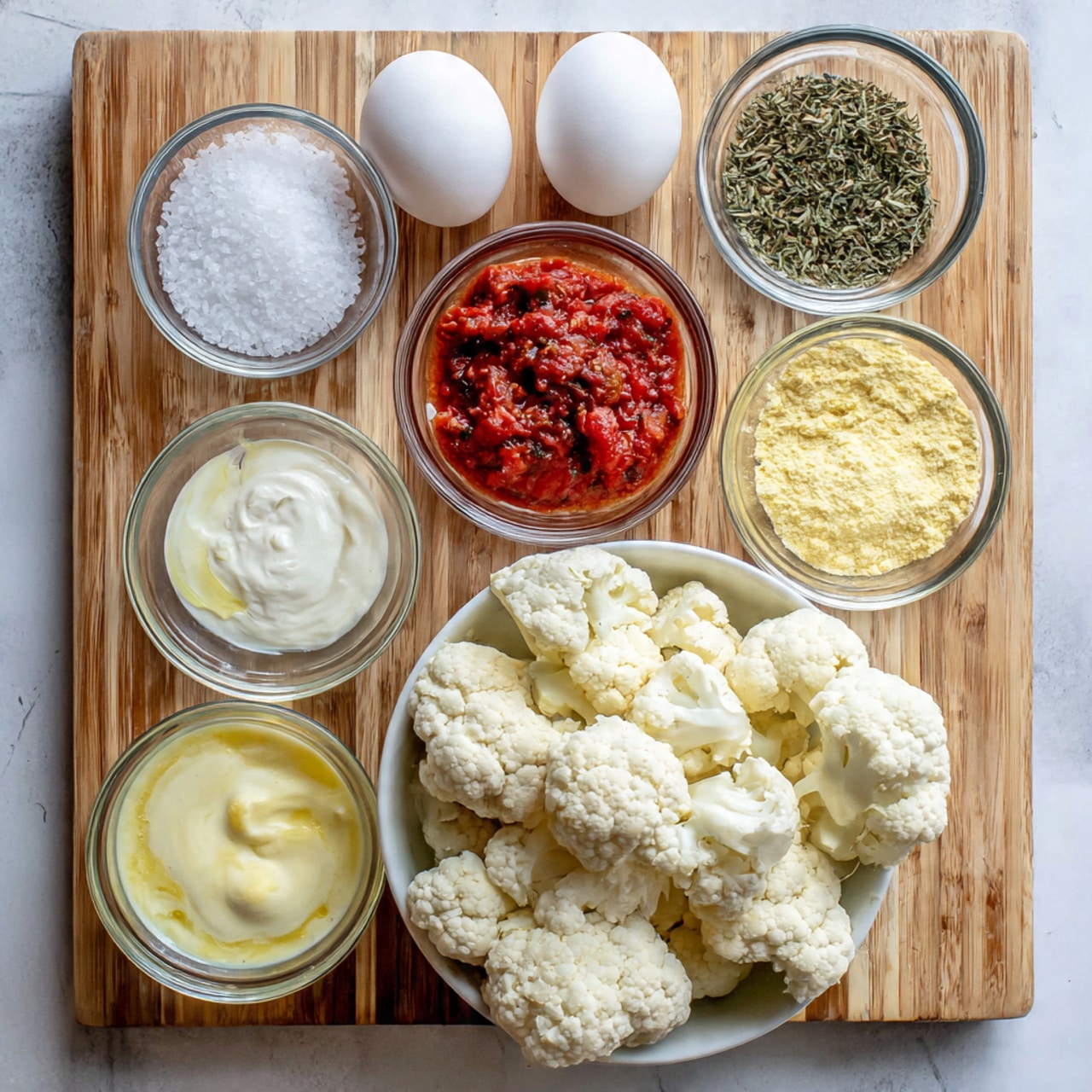 The image shows several small clear glass bowls and one white bowl placed on a light wooden board with a white marbled surface underneath. The bowls contain different ingredients: one bowl has a red chunky sauce in the center, next to it is a white bowl filled with coarse white salt, and another white bowl holds a creamy white sauce with a smooth texture. A clear bowl is filled with a pale yellow powder, and another clear bowl has a mix of black and green dried herbs. Four plain white eggs are also lined up at the top. At the bottom is a white bowl filled with large, white cauliflower florets. The shot is bright and clear. photo taken with an iphone --ar 4:5 --v 7