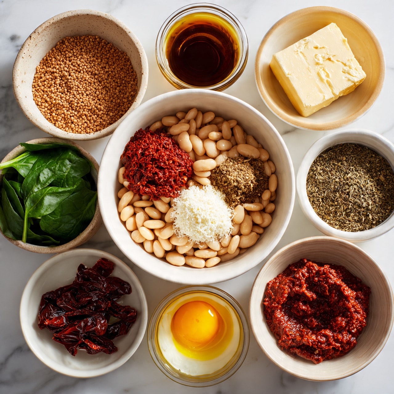 A white bowl in the center is full of light beige butter beans piled high with a smooth texture. To the top right, a glass jar with yellow broth sits next to a white spoon holding deep red sun-dried tomatoes with a wrinkled look. Below them, a small white bowl contains a rich red tomato paste with a thick, smooth texture. On the bottom right, a white bowl is filled with dark green fresh spinach leaves, slightly crumpled. Around the center bowl, there are small piles and containers: a white cup of white heavy cream on the top left, a wedge of pale yellow Parmesan cheese next to it, a whole bright yellow lemon to the left, two cloves of garlic below the lemon, a small spoon of red pepper flakes with a few flakes scattered, a mini bowl of dried oregano with a fine texture, a few fresh green basil leaves, and a small glass container of golden olive oil (EVOO) near the green herbs, all placed on a white marbled surface photo taken with an iphone --ar 4:5 --v 7