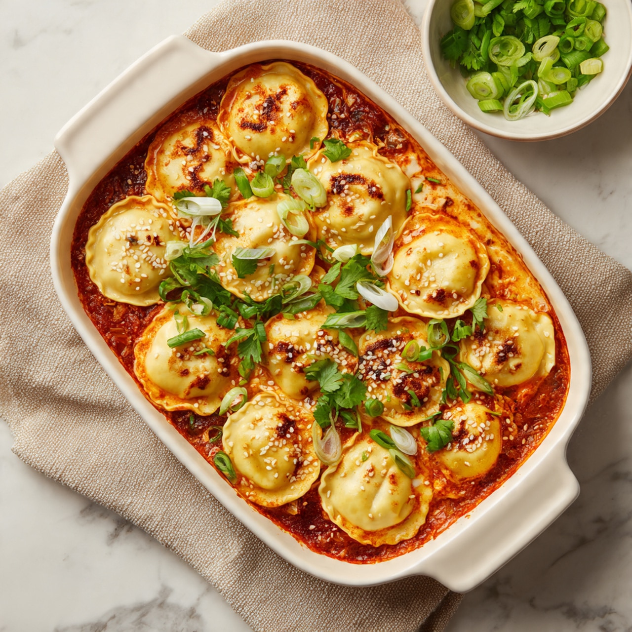 A white speckled bowl holds four dumplings covered in a bright red-orange chili oil sauce, topped with sesame seeds, small green onion slices, and dark chili flakes. The dumplings have a soft, smooth texture with a slight shine from the sauce, and they rest in a shallow pool of the red sauce. Beside the bowl is a small ceramic dish with fresh green cilantro leaves, set on a white marbled surface with a beige cloth partially visible in the corner. The lighting is natural, highlighting the vibrant colors of the dish. photo taken with an iphone --ar 4:5 --v 7