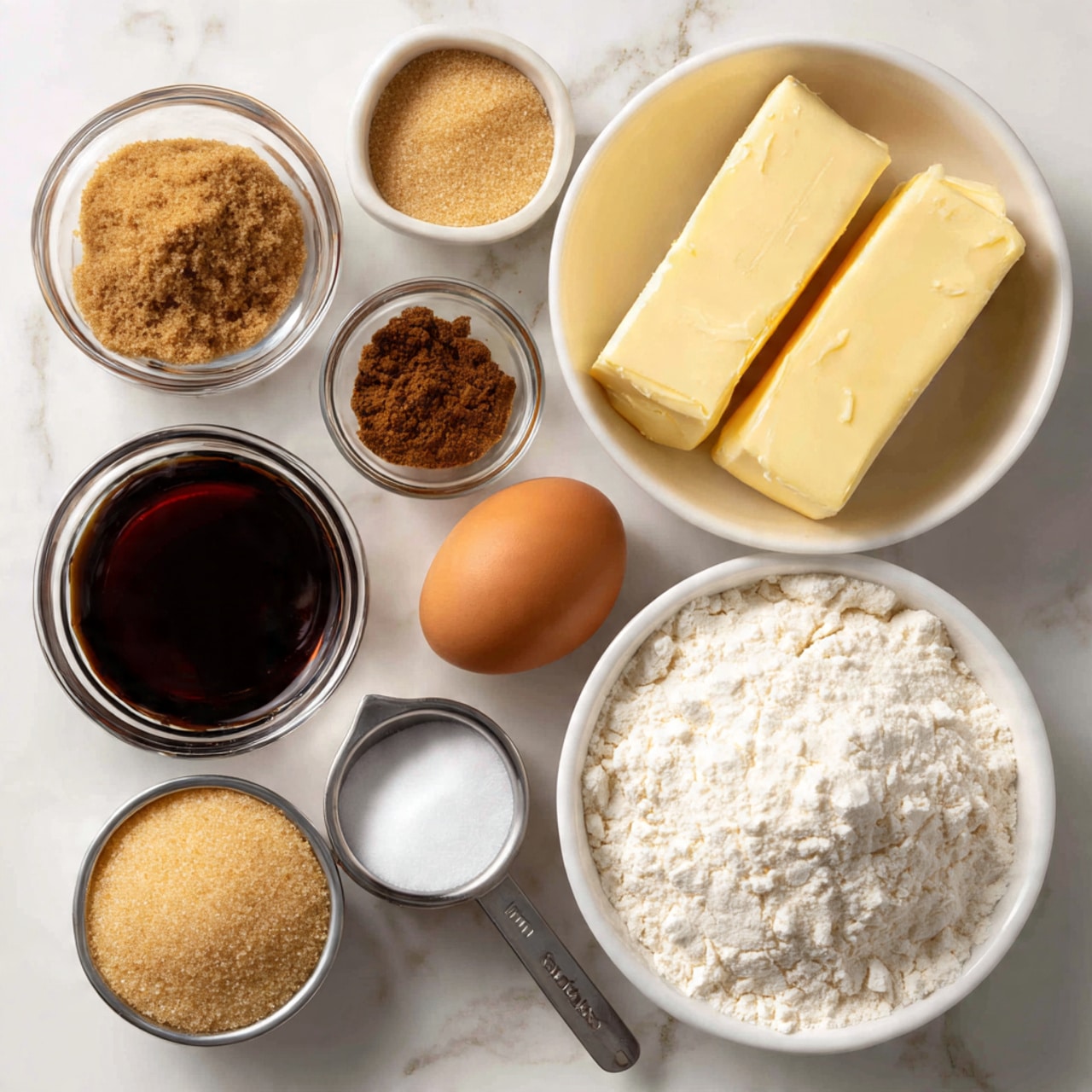 The image shows a white bowl filled with white flour on the bottom right, next to a metal measuring cup full of light brown sugar on the top right. Above the sugar is a white bowl with two large sticks of butter, light yellow and smooth. To the left of the butter is a small clear glass bowl with several brown spices, soft and powdery. Below the spices is a metal measuring cup filled with a very dark, thick liquid. In the center sits a single brown egg. On the bottom left is a clear glass bowl with coarse light brown sugar. Above it is a small metal bowl holding white baking powder. Next to it is another small metal bowl with dark brown vanilla extract. The background is a white marbled surface. photo taken with an iphone --ar 4:5 --v 7