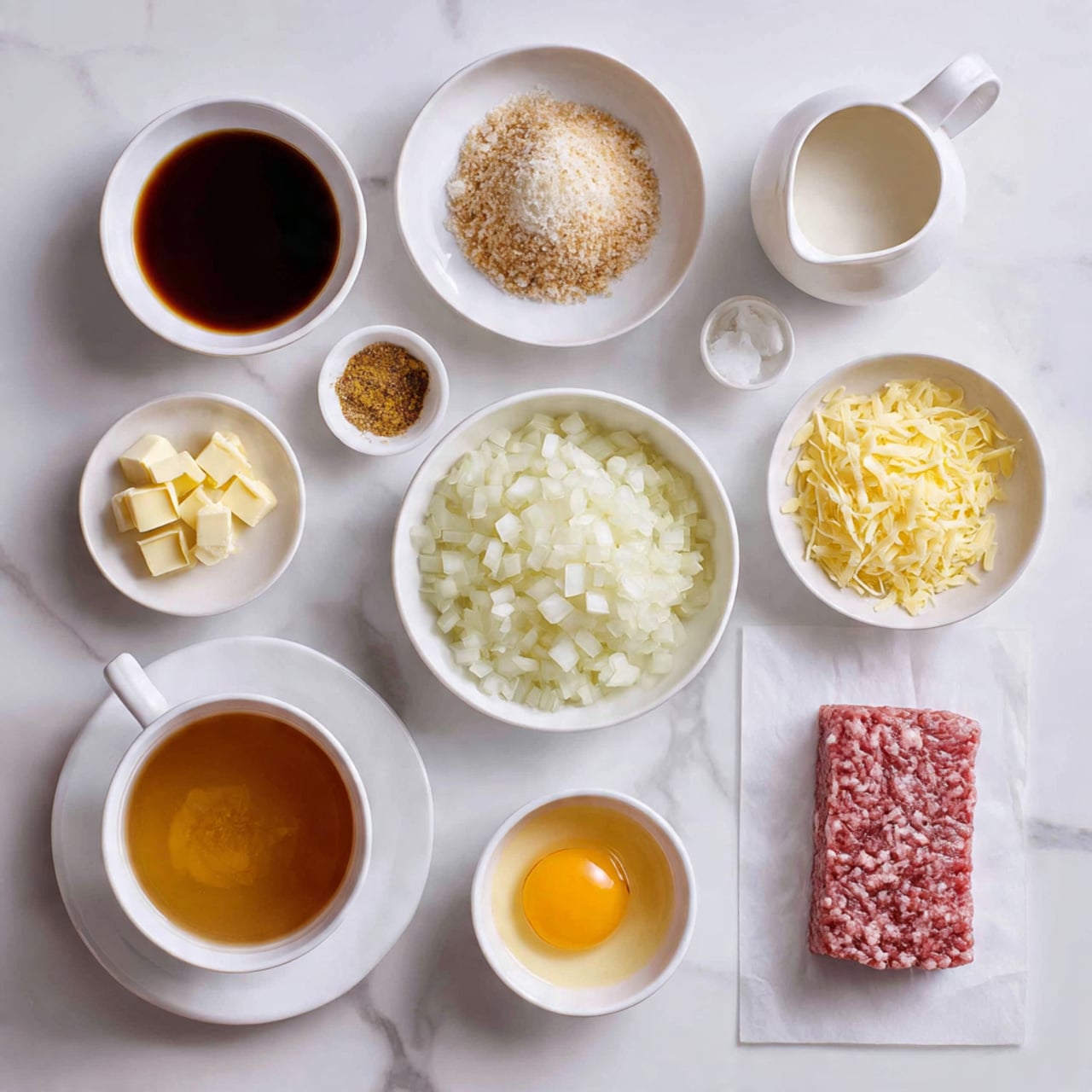 The image shows a top view of various white bowls and a small white plate arranged on a white marbled surface, each holding different ingredients. Starting from the top left is a small white bowl with dark Worcestershire sauce, next to it a small white pitcher with cream, followed by a white bowl filled with light brown breadcrumbs. Below these are a small white bowl with pale golden butter chunks and a white bowl containing a brownish onion soup mix. At the center is a large white bowl filled with chopped white onions. On the top right side, a white bowl holds shredded pale yellow cheese, with another white bowl beside it filled with finely grated white Parmesan cheese. Below these, there is a small white bowl holding a raw egg with a bright yellow yolk in clear egg white. Near the bottom left is a white cup filled with brown broth, next to a bowl of golden yellow orzo pasta. Finally, a rectangular sheet of pink raw ground beef is placed on white parchment paper near the lower right. photo taken with an iphone --ar 4:5 --v 7