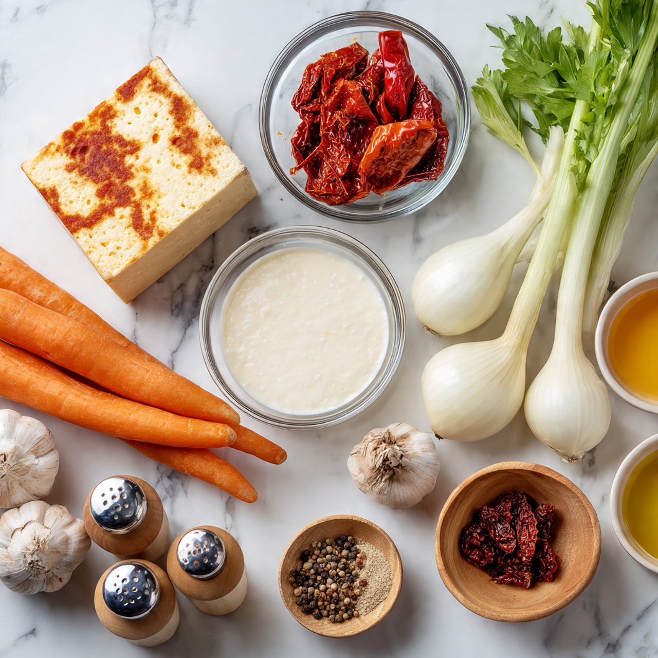 The image shows an arrangement of cooking ingredients on a white marbled surface. There is a slice of orange cheese with a red rind on the top left, and next to it, a glass bowl filled with red roasted peppers. To the right of the peppers, a small glass bowl contains white cream, and beside it, another glass bowl holds light brown broth. Below the broth, there are two whole white onions and three peeled garlic cloves scattered nearby. Towards the bottom, three orange carrots lie together on the left side, while to the right, there are two celery stalks with green leaves. In the center, small glass bowls contain a pat of butter, sun-dried tomatoes, and yellow olive oil. A small wooden bowl holds spices with red, green, and white powders, and in the bottom left corner, salt and pepper shakers are visible. photo taken with an iphone --ar 4:5 --v 7