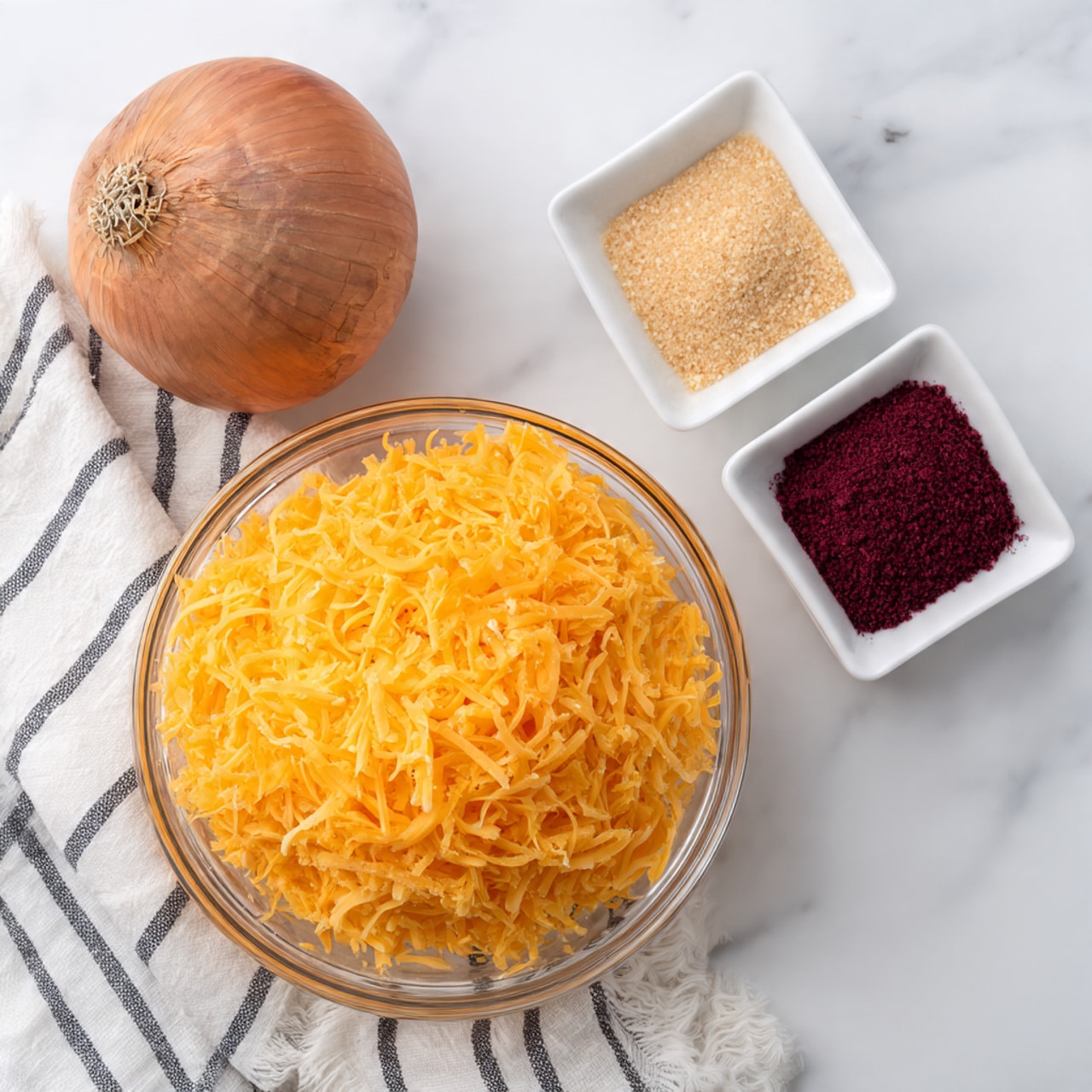 A clear round bowl filled with bright orange shredded cheese sits near the top of the image on a white marbled surface. Below it, towards the left, is a whole brown onion with a rough skin texture. To the right of the onion are two small white square dishes placed side by side; the left dish holds a light tan powder, and the right dish contains a deep red powder. A white cloth with thin dark stripes rests partially in the lower left corner. photo taken with an iphone --ar 4:5 --v 7