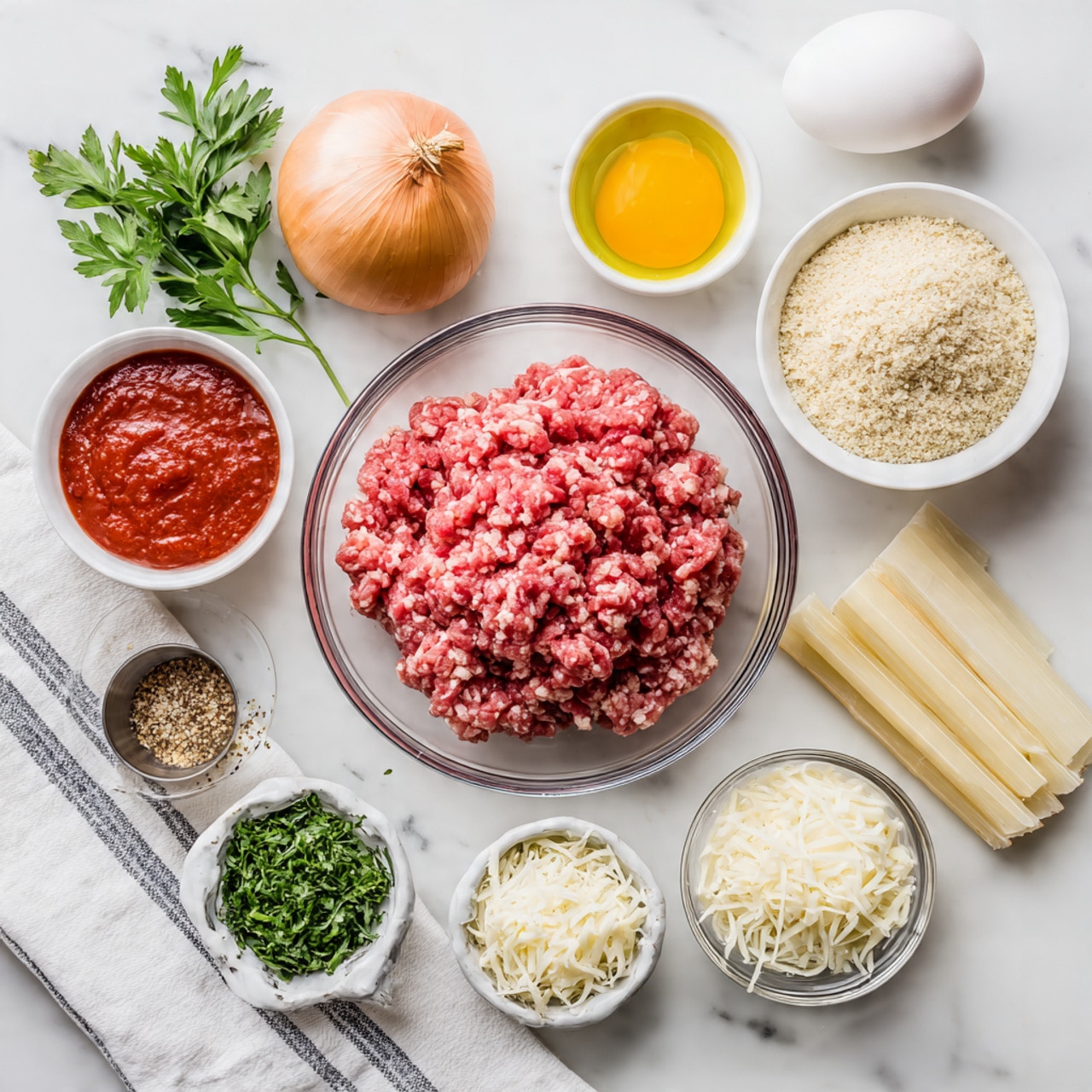 The image shows various ingredients arranged neatly on a white marbled surface. In the center is a clear glass bowl with light pink raw ground chicken meat. Above it and spread around are a whole light brown onion, a white garlic bulb, a white egg, and a glass container of light yellow oil. To the right of the chicken bowl is a small white bowl filled with beige bread crumbs. Below that are three cream-colored cheese sticks still wrapped in plastic. At the bottom, there is a small white bowl with shredded white cheese and another small white bowl with grated pale yellow cheese. Panko breadcrumbs in a small white bowl and bright red marinara sauce in a small glass jar sit nearby. To the lower left, chopped green parsley is in a small glass bowl, and next to it is a small metal container holding mixed seasoning with green, orange, and brown spices. A white towel with gray stripes is placed on the left side. Photo taken with an iphone --ar 4:5 --v 7