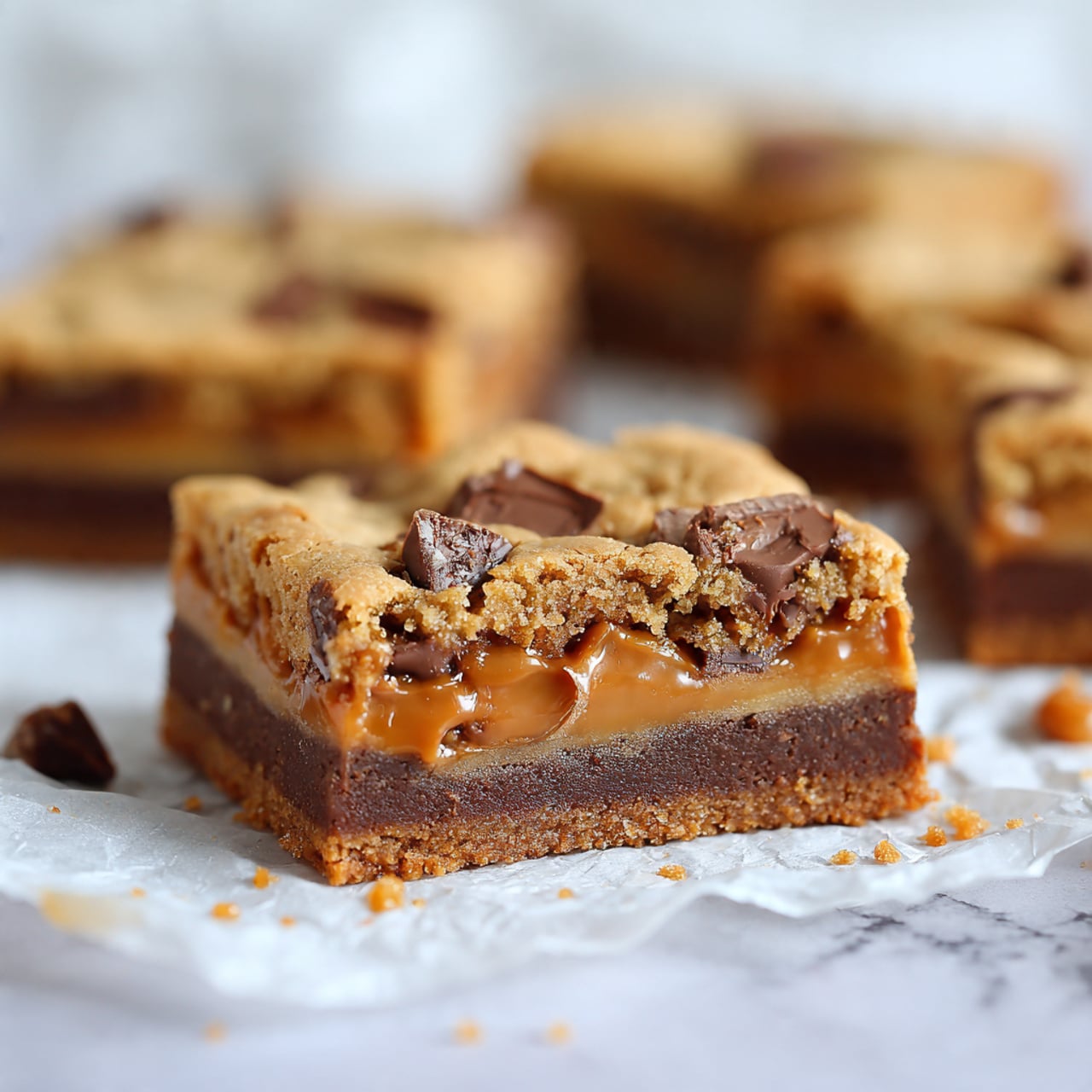 A close-up view of a square chocolate caramel cookie bar with three visible layers: the bottom layer is a dark brown soft cookie crust, the middle layer is thick, gooey caramel mixed with melted chocolate pieces, and the top layer is a golden brown baked cookie with a slightly cracked texture and scattered dark chocolate chunks. The bar sits on crumpled white parchment paper with slight crumbs and caramel smears, placed on a white marbled surface, and other similar squares are partly visible surrounding it. photo taken with an iphone --ar 4:5 --v 7