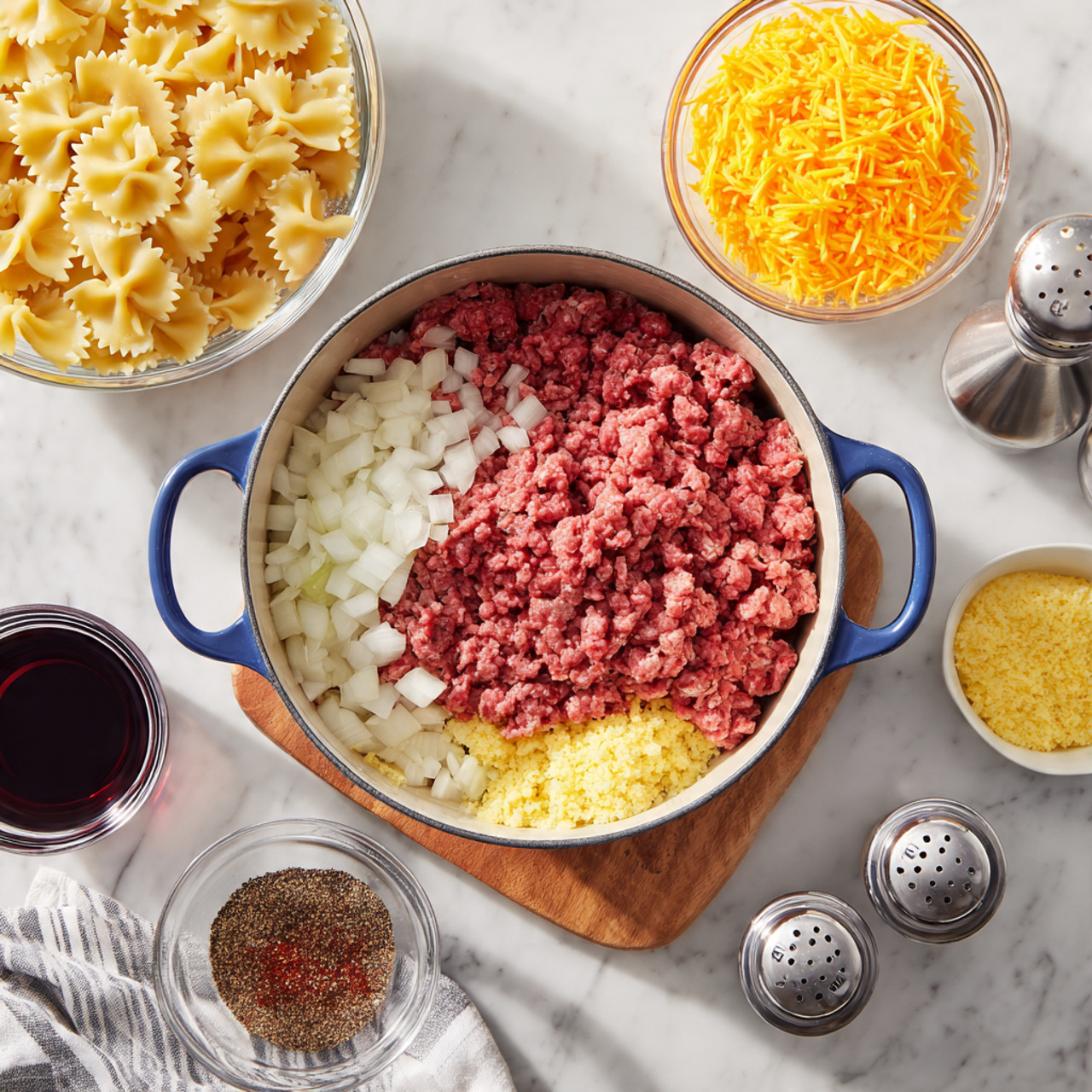 Creamy Beef and Bowtie Pasta Recipe 4 In the center, a white pot with blue handles holds a mix of raw ground meat in a reddish-pink color on top, chopped white onions below, and a small pile of minced yellow garlic on the side. Surrounding the pot on a wooden board are several glass bowls and containers: one with light yellow bowtie pasta, another with a dark brown liquid, and a smaller one filled with bright orange shredded cheese. There is also a small clear bowl containing dark red powdered spice, next to salt and pepper shakers with metallic lids. The scene is set on a white marbled surface with a gray and white striped cloth nearby. The photo taken with an iphone --ar 4:5 --v 7